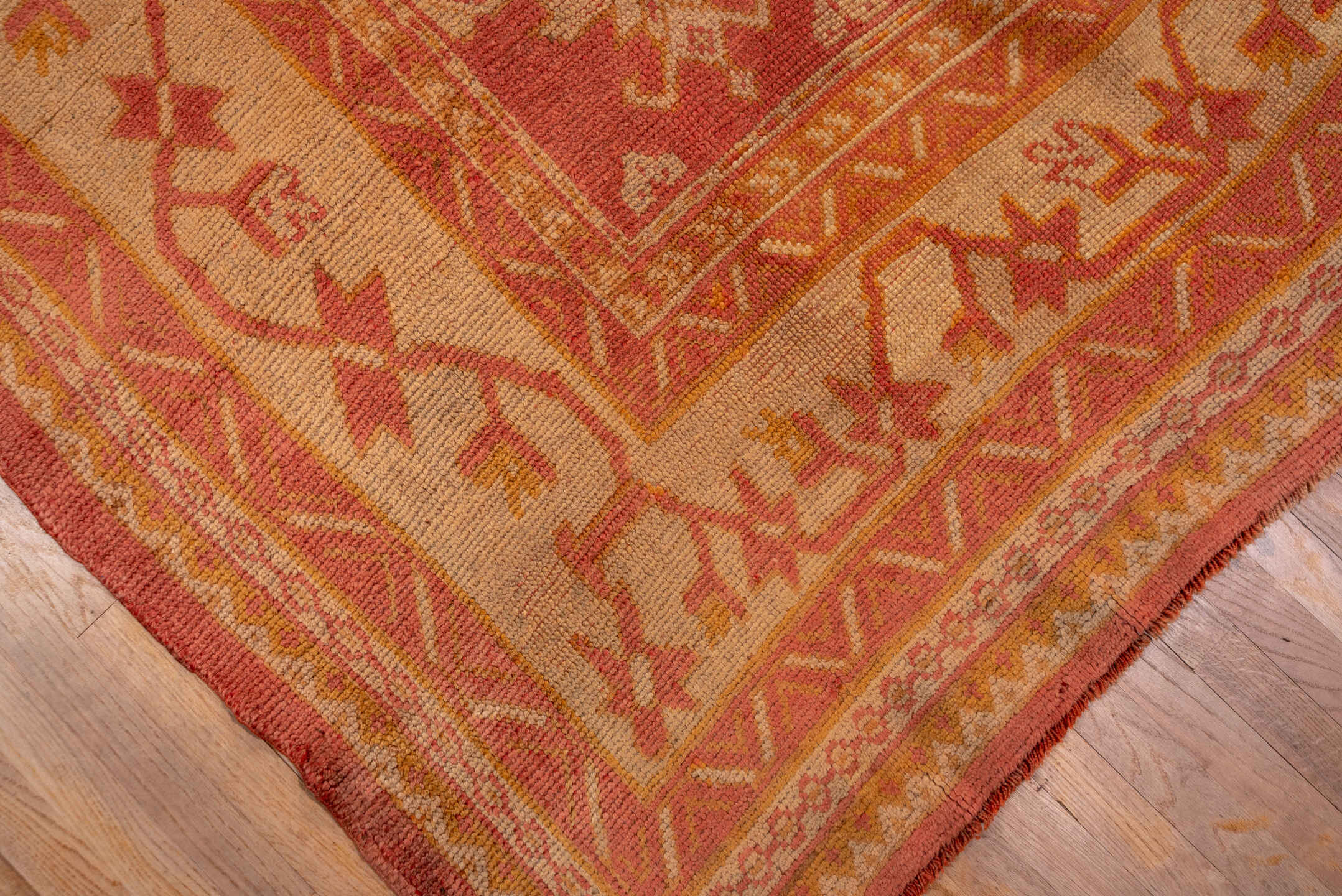 13' x 17' one-of-a-kind handmade antique Oushak oversize rug. Color palette: coral, ivory, apricot, beige, gold, salmon