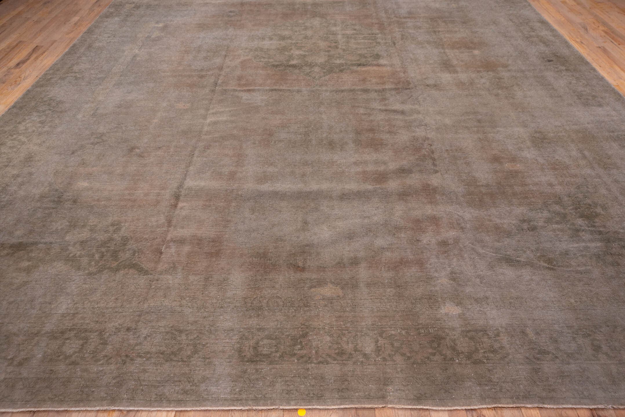 12' x 19' one-of-a-kind handmade antique Oushak oversize rug. Color palette: taupe, beige, blush, sage, ivory, gray, pink