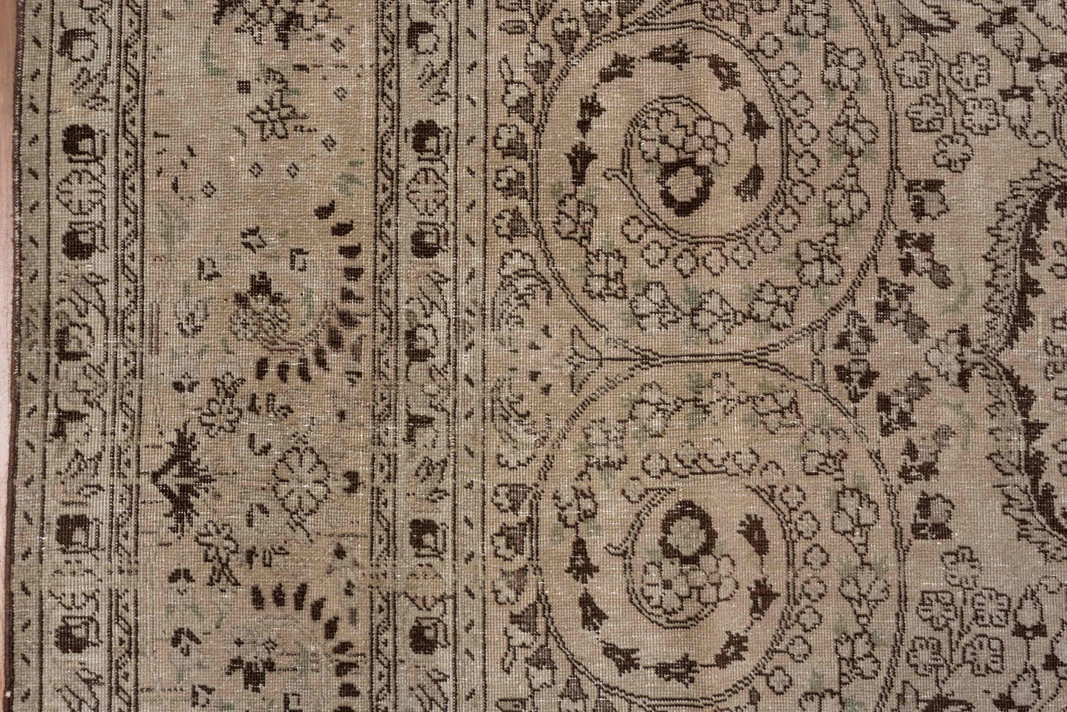 9' x 12' one-of-a-kind handmade antique Sivas large size rug. Color palette: ivory, taupe, brown, camel, beige, gray