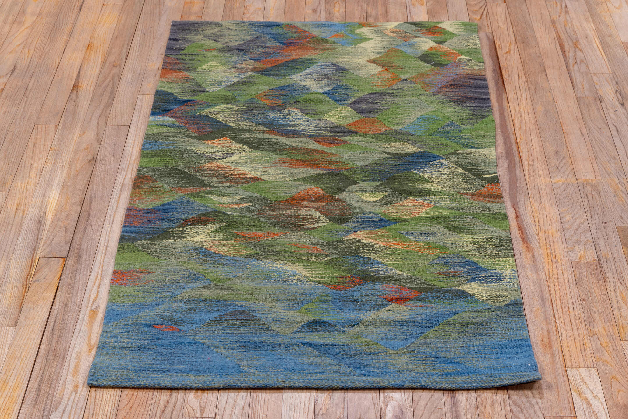 2' x 4' one-of-a-kind handmade vintage Kilim small size rug. Color palette: olive, blue, taupe, sage, slate, ivory, rust