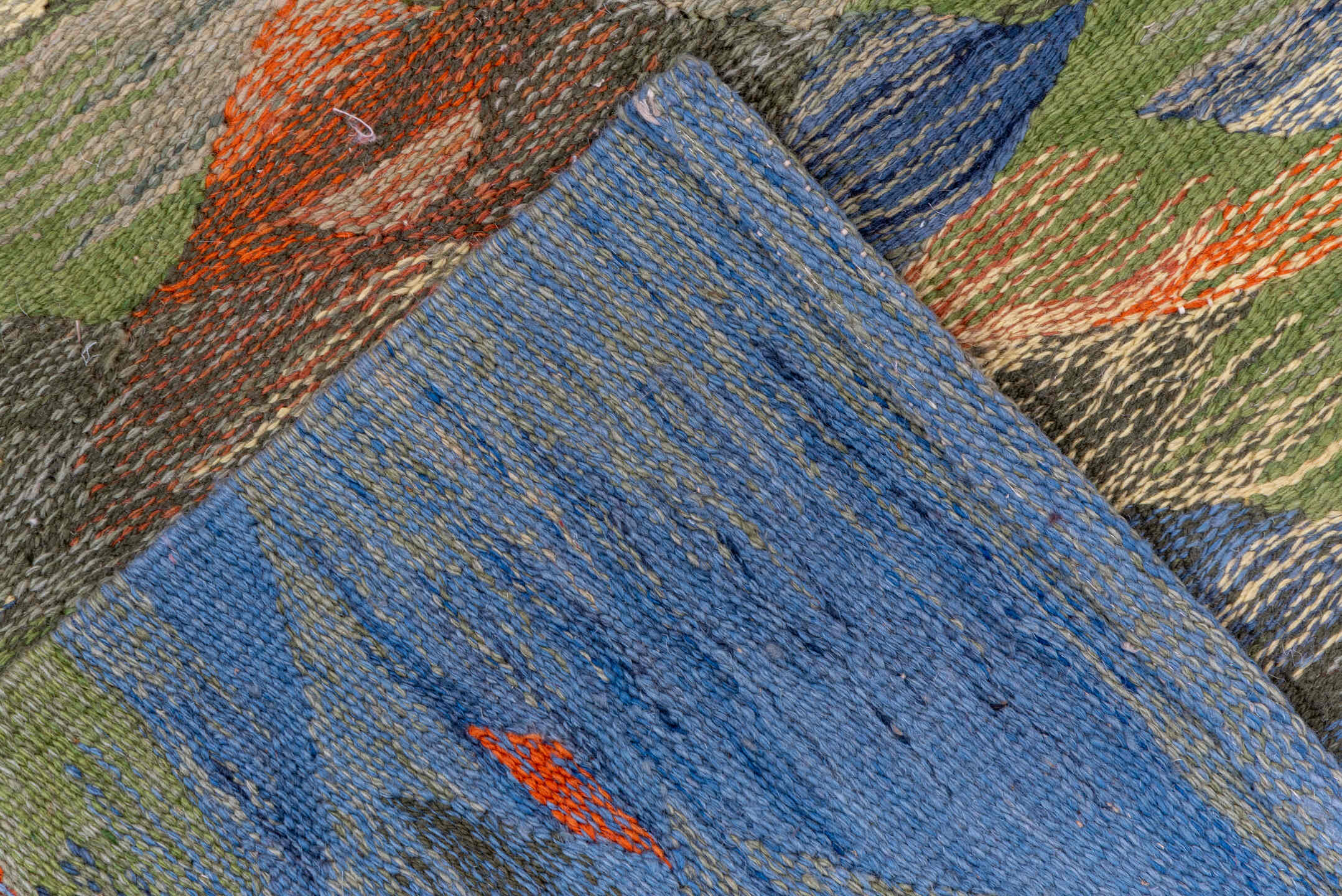 2' x 4' one-of-a-kind handmade vintage Kilim small size rug. Color palette: olive, blue, taupe, sage, slate, ivory, rust