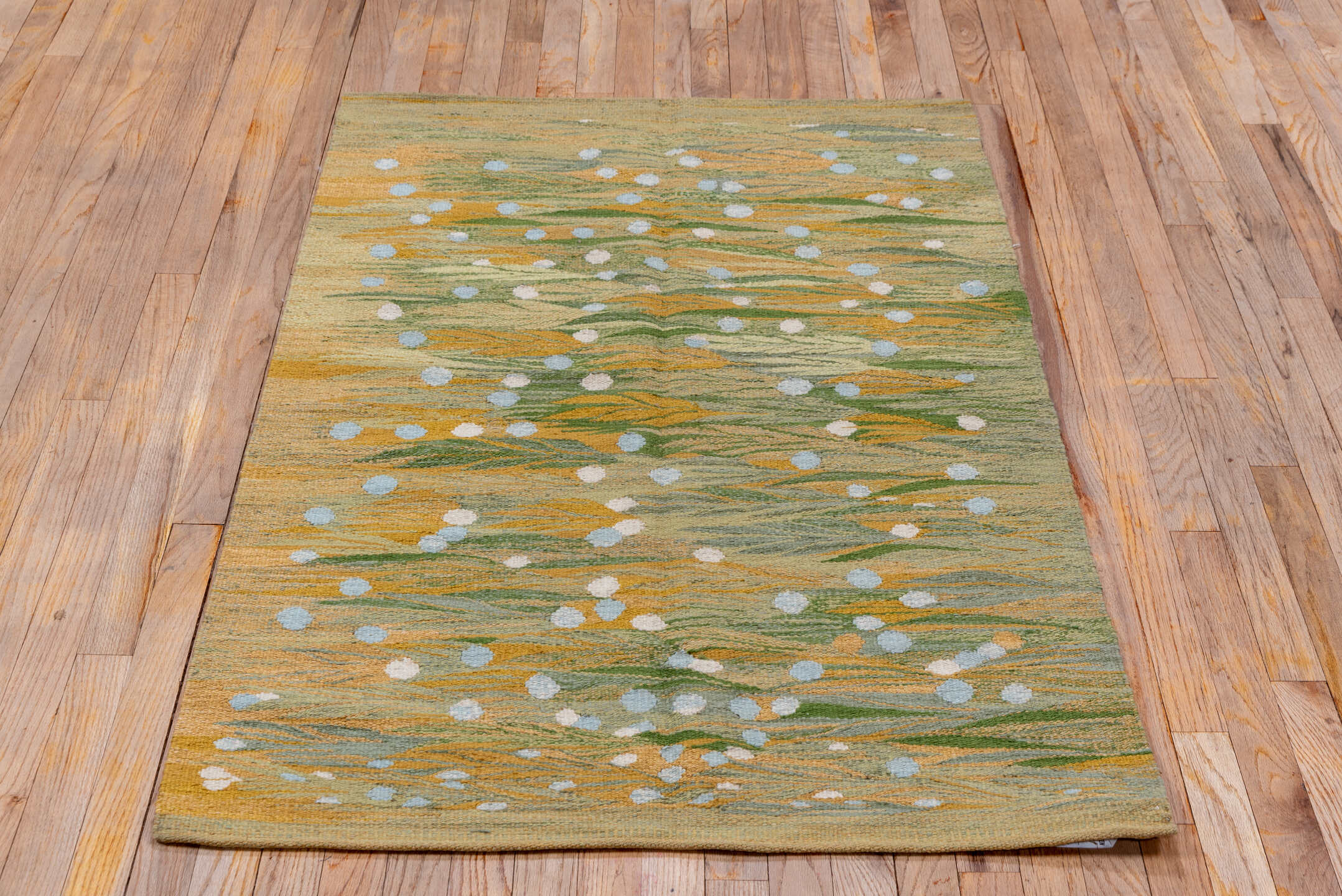 3' x 4' one-of-a-kind handmade vintage Kilim small size rug. Color palette: tan, sage, olive, camel, ivory, pale_blue, gold