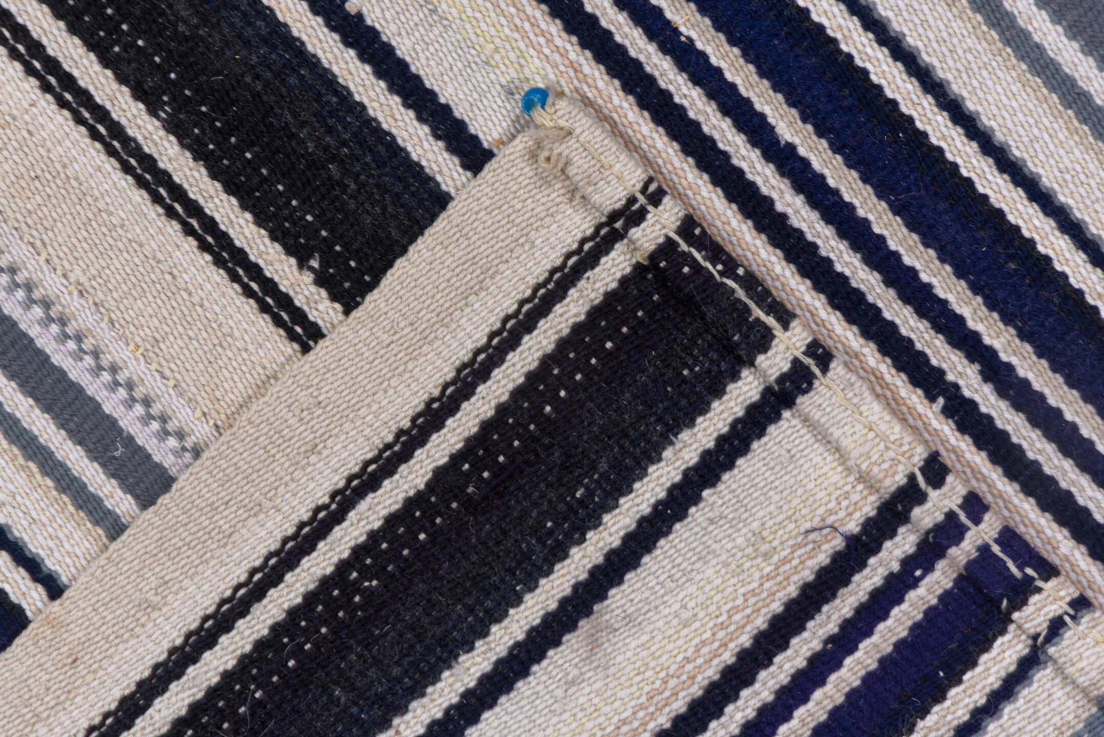 6' x 8' one-of-a-kind handmade vintage Flatweave medium size rug. Color palette: blue, gray, light gray, off-white, pink
