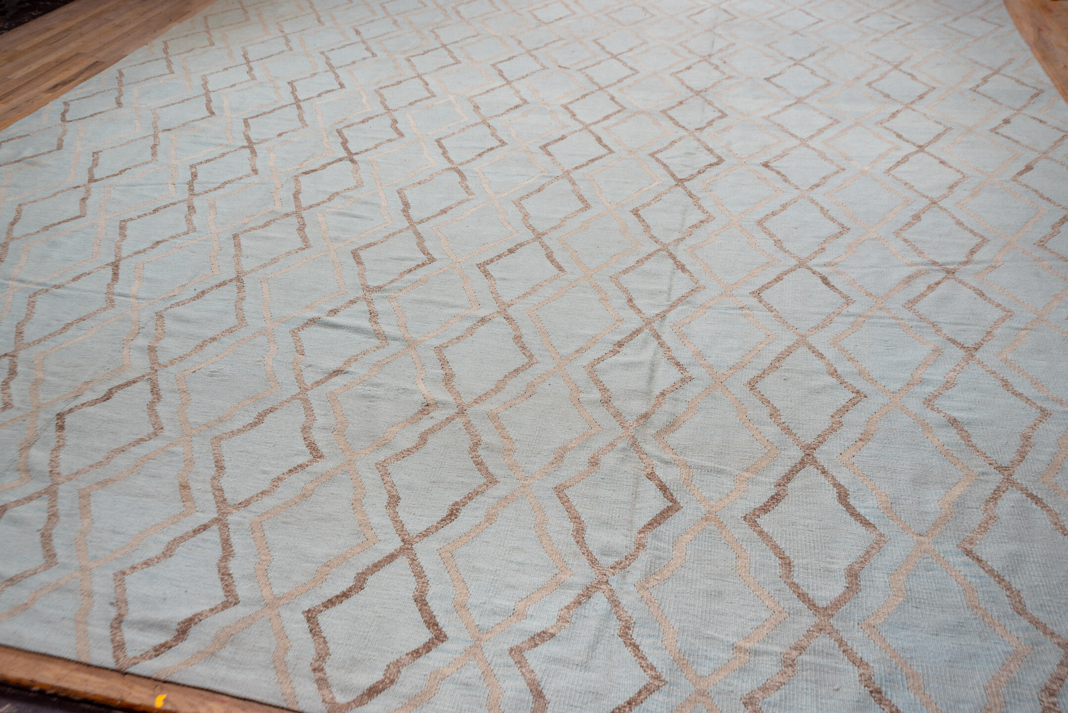 14' x 18' one-of-a-kind handmade vintage Kilim oversize rug. Color palette: ivory, taupe, beige, cream, light gray, gray