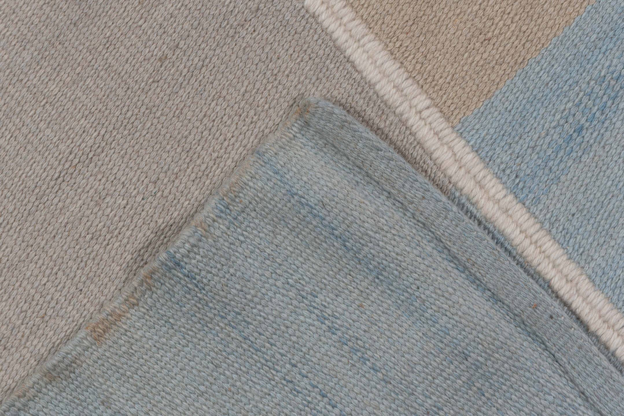 9' x 12' one-of-a-kind handmade vintage Kilim large size rug. Color palette: ivory, pale blue, beige, taupe, light blue