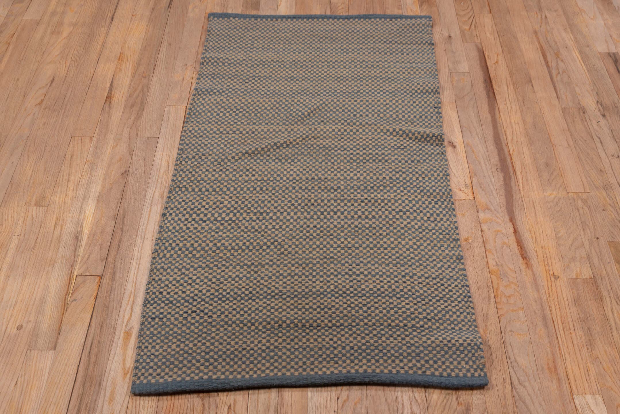 2' x 4' one-of-a-kind handmade vintage Kilim small size rug. Color palette: camel, blue, taupe, beige, gray