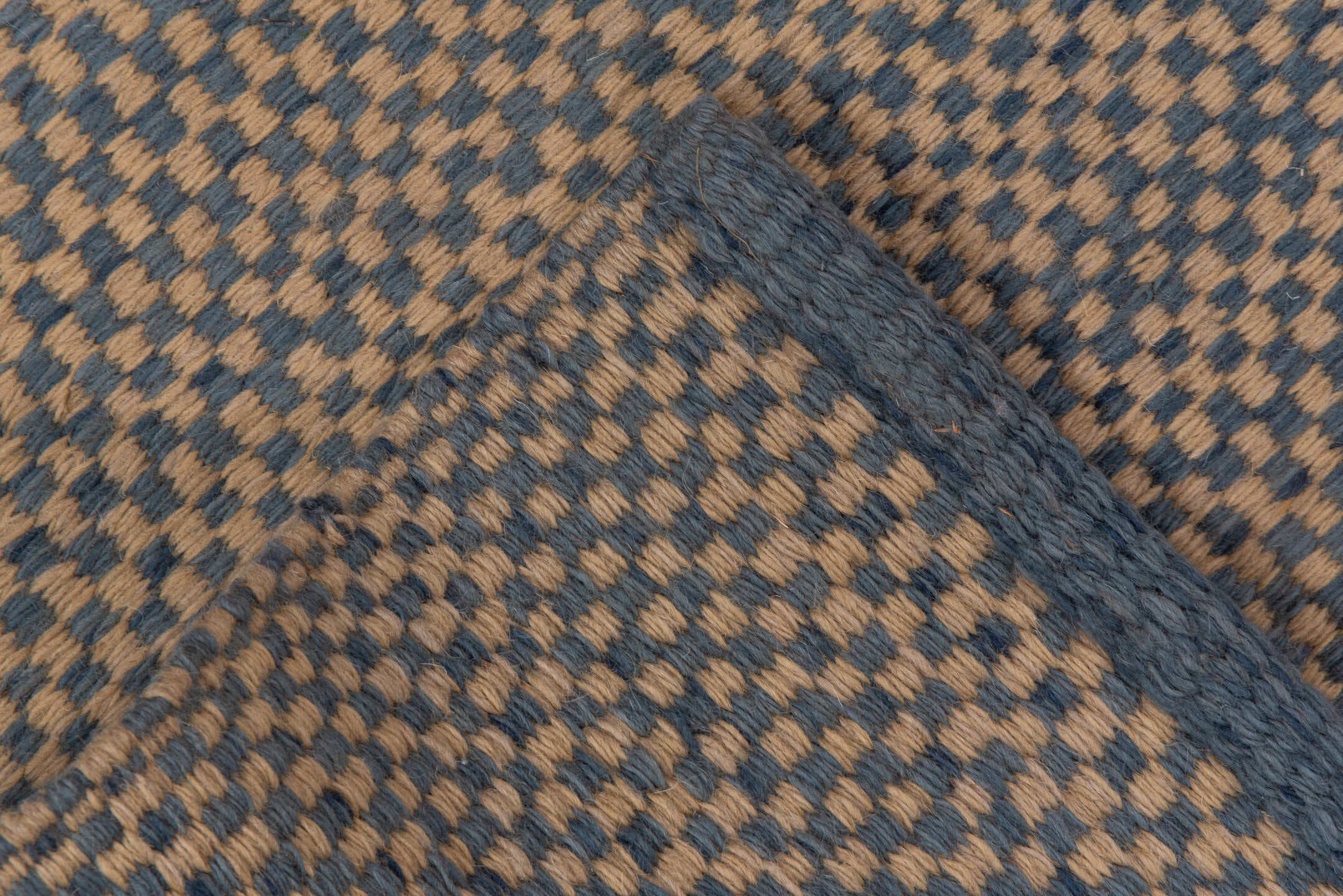 2' x 4' one-of-a-kind handmade vintage Kilim small size rug. Color palette: camel, blue, taupe, beige, gray
