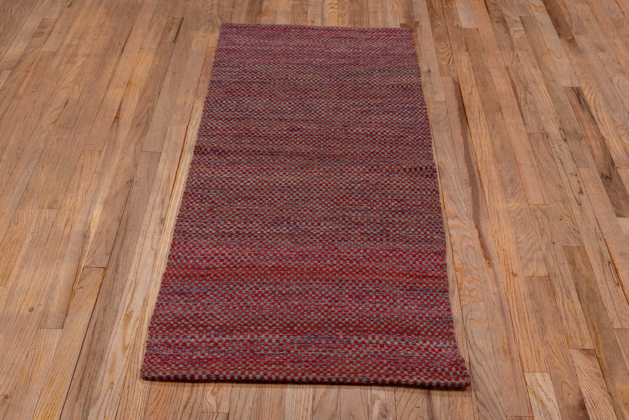 2' x 5' one-of-a-kind handmade vintage Kilim small size rug. Color palette: brown, gray, off-white, pink, red, redwood, snow