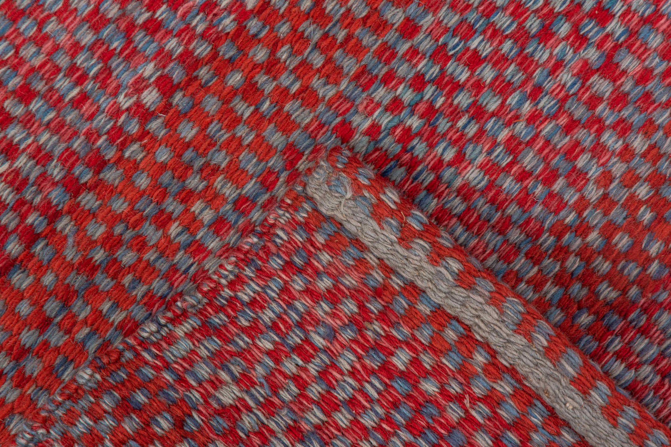 2' x 5' one-of-a-kind handmade vintage Kilim small size rug. Color palette: brown, gray, off-white, pink, red, redwood, snow