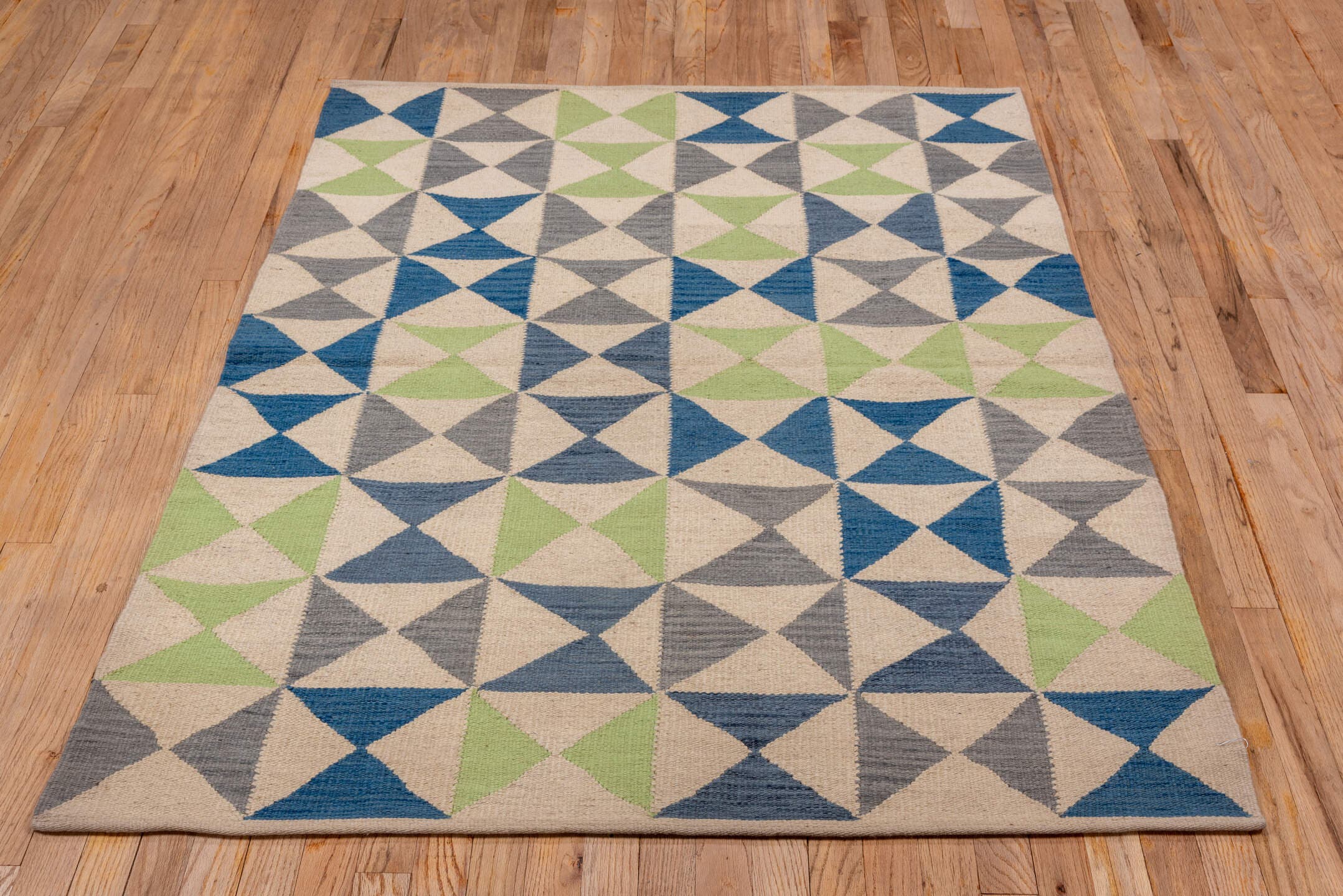 4' x 5' one-of-a-kind handmade vintage Kilim small size rug. Color palette: ivory, blue, gray, sage, green