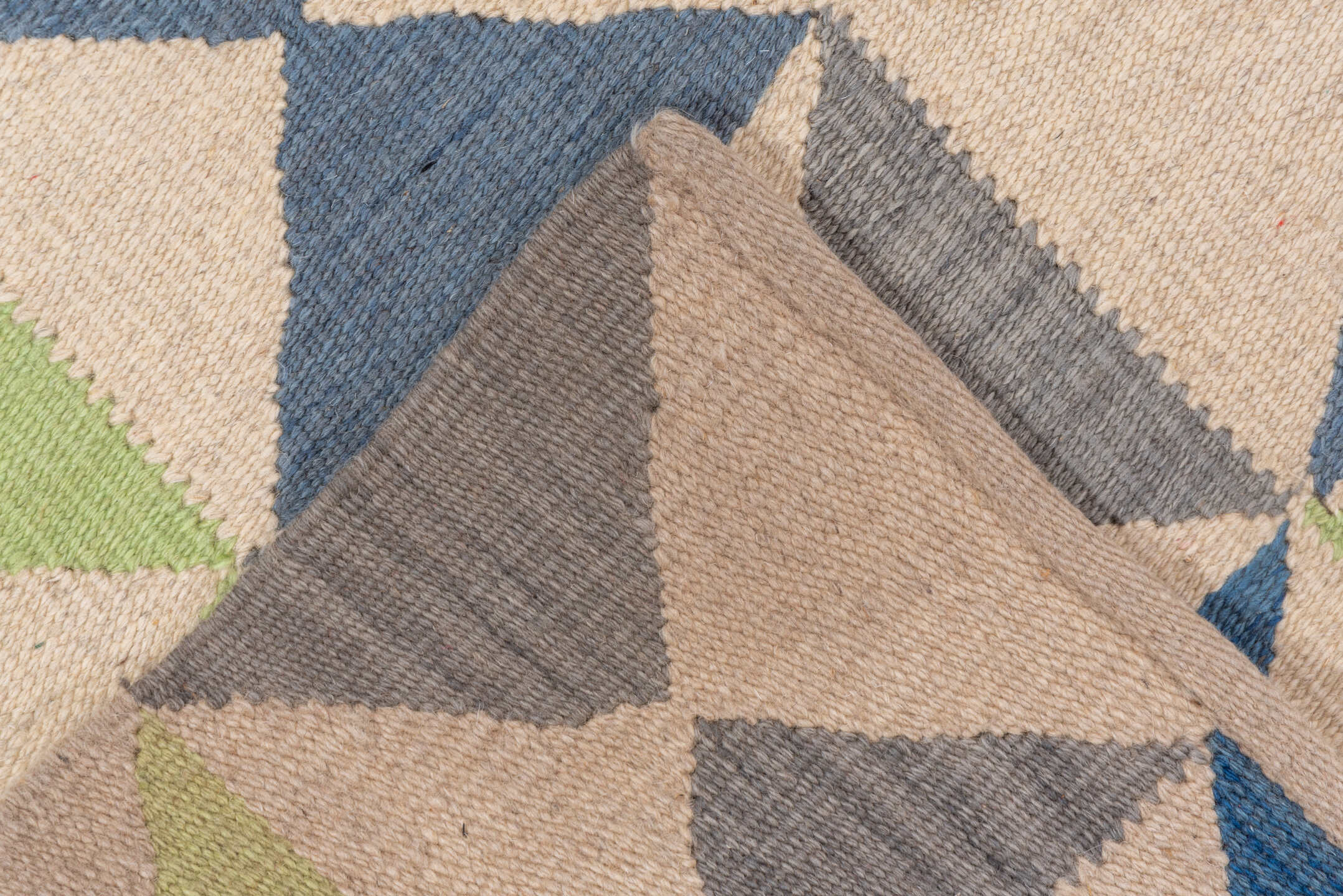 4' x 5' one-of-a-kind handmade vintage Kilim small size rug. Color palette: ivory, blue, gray, sage, green