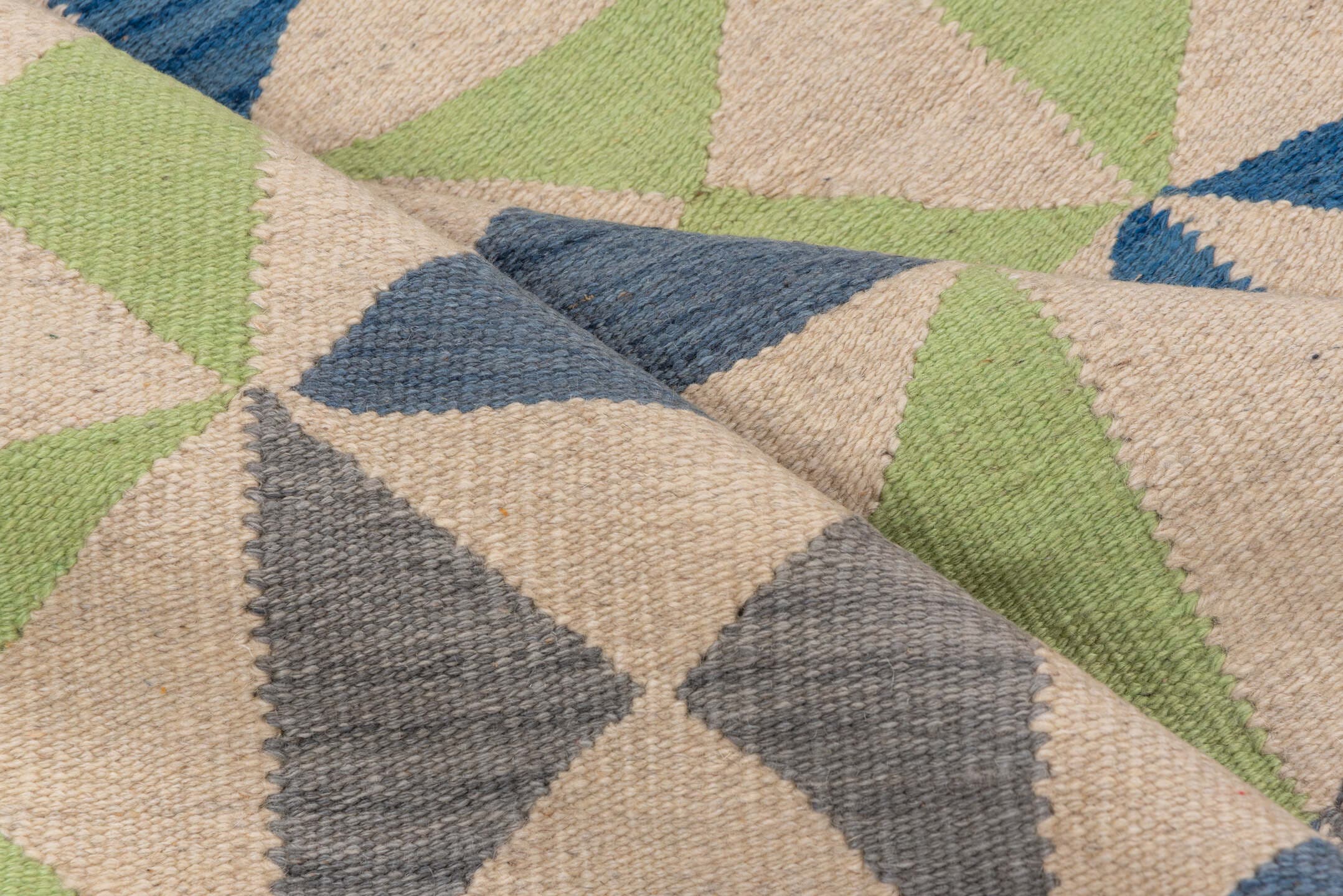 4' x 5' one-of-a-kind handmade vintage Kilim small size rug. Color palette: ivory, blue, gray, sage, green