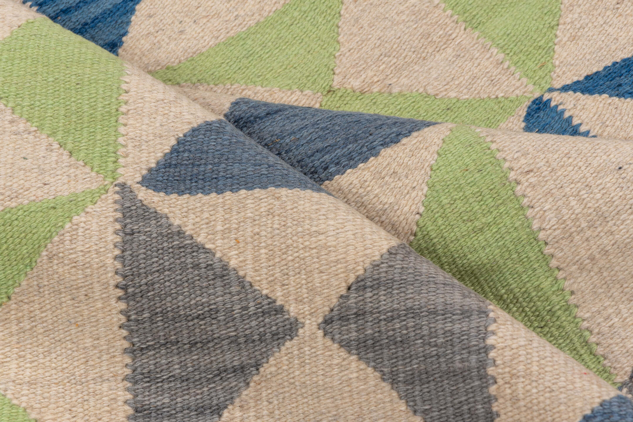 4' x 5' one-of-a-kind handmade vintage Kilim small size rug. Color palette: ivory, blue, gray, sage, green
