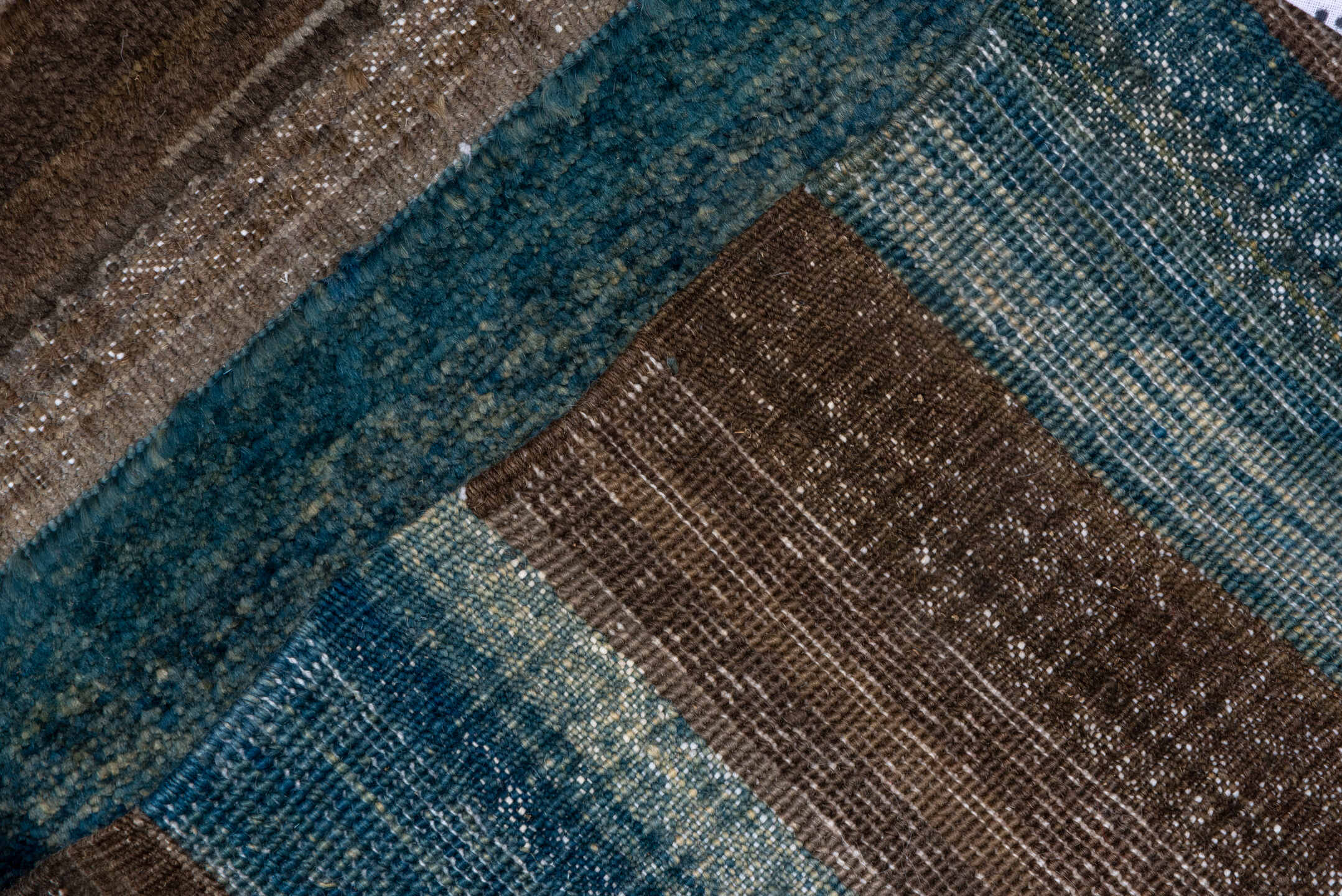 4' x 6' one-of-a-kind handmade vintage Afghan small size rug. Color palette: taupe, teal, sky blue, slate, brown, camel