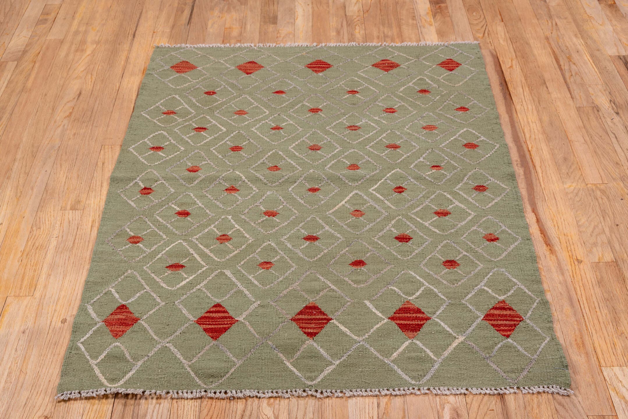 3' x 4' one-of-a-kind handmade vintage Kilim small size rug. Color palette: olive, ivory, coral, beige, green, terracotta