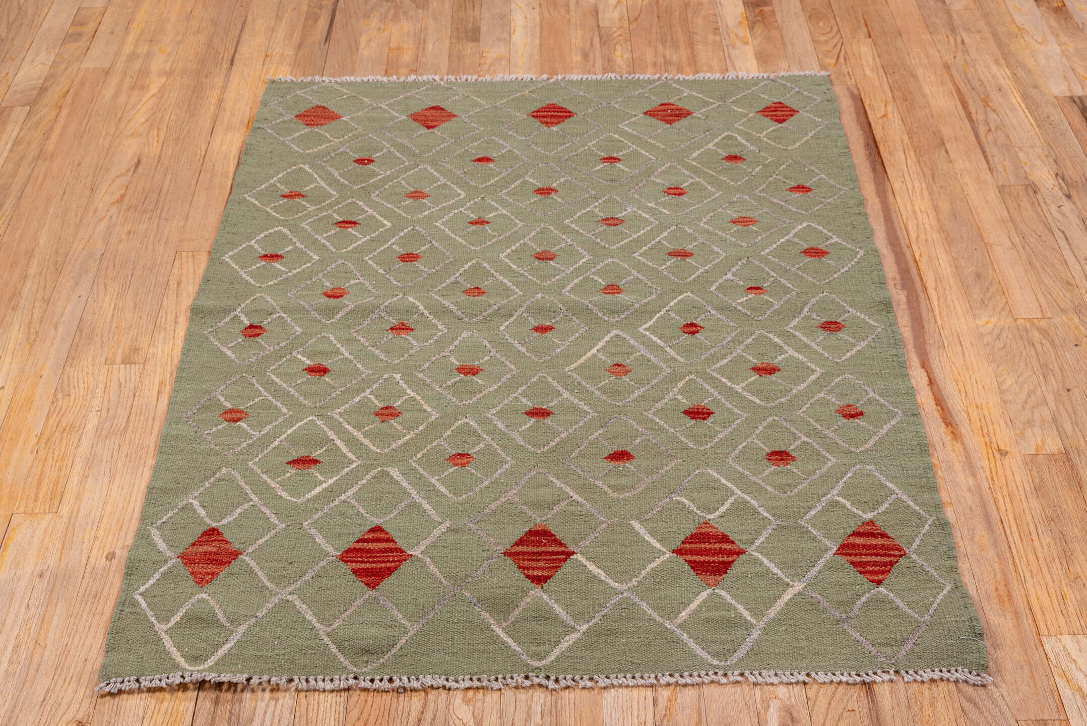 3' x 4' one-of-a-kind handmade vintage Kilim small size rug. Color palette: olive, ivory, coral, beige, green, terracotta
