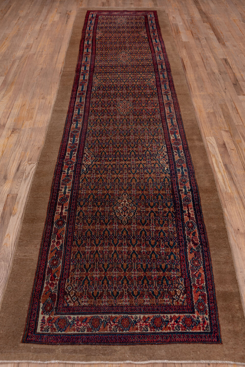 3' x 14' one-of-a-kind handmade vintage Cam Hamadan runner rug. Color palette: blue, brown, gray, pink, red, redwood
