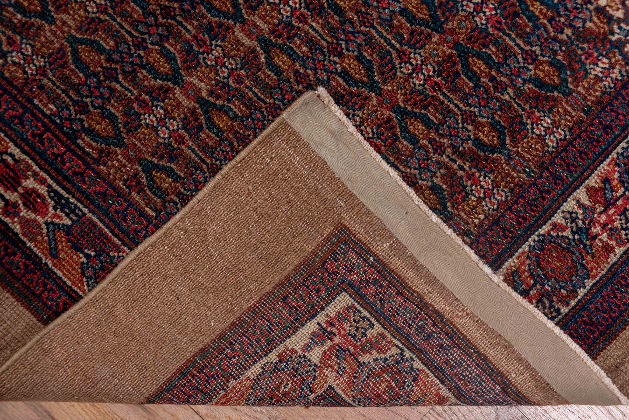 3' x 14' one-of-a-kind handmade vintage Cam Hamadan runner rug. Color palette: blue, brown, gray, pink, red, redwood
