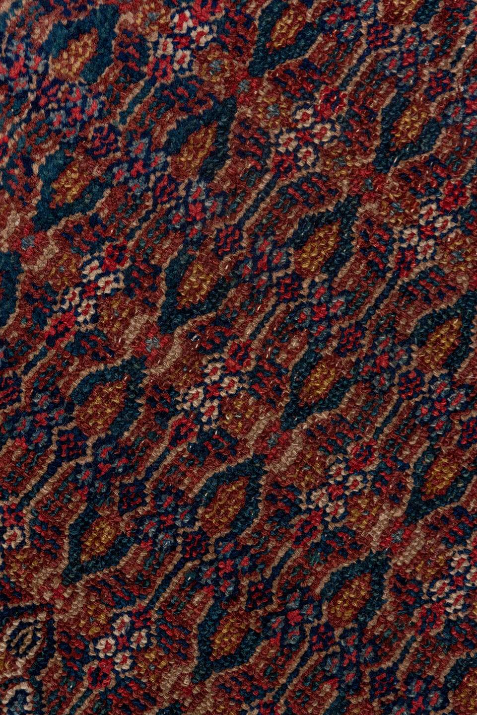 3' x 14' one-of-a-kind handmade antique Cam Hamadan runner rug. Color palette: camel, navy, rust, ivory, burgundy, slate