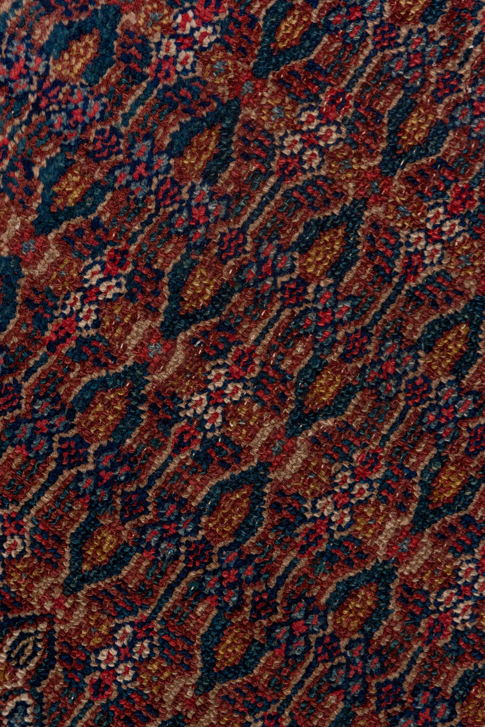 3' x 14' one-of-a-kind handmade vintage Cam Hamadan runner rug. Color palette: blue, brown, gray, pink, red, redwood