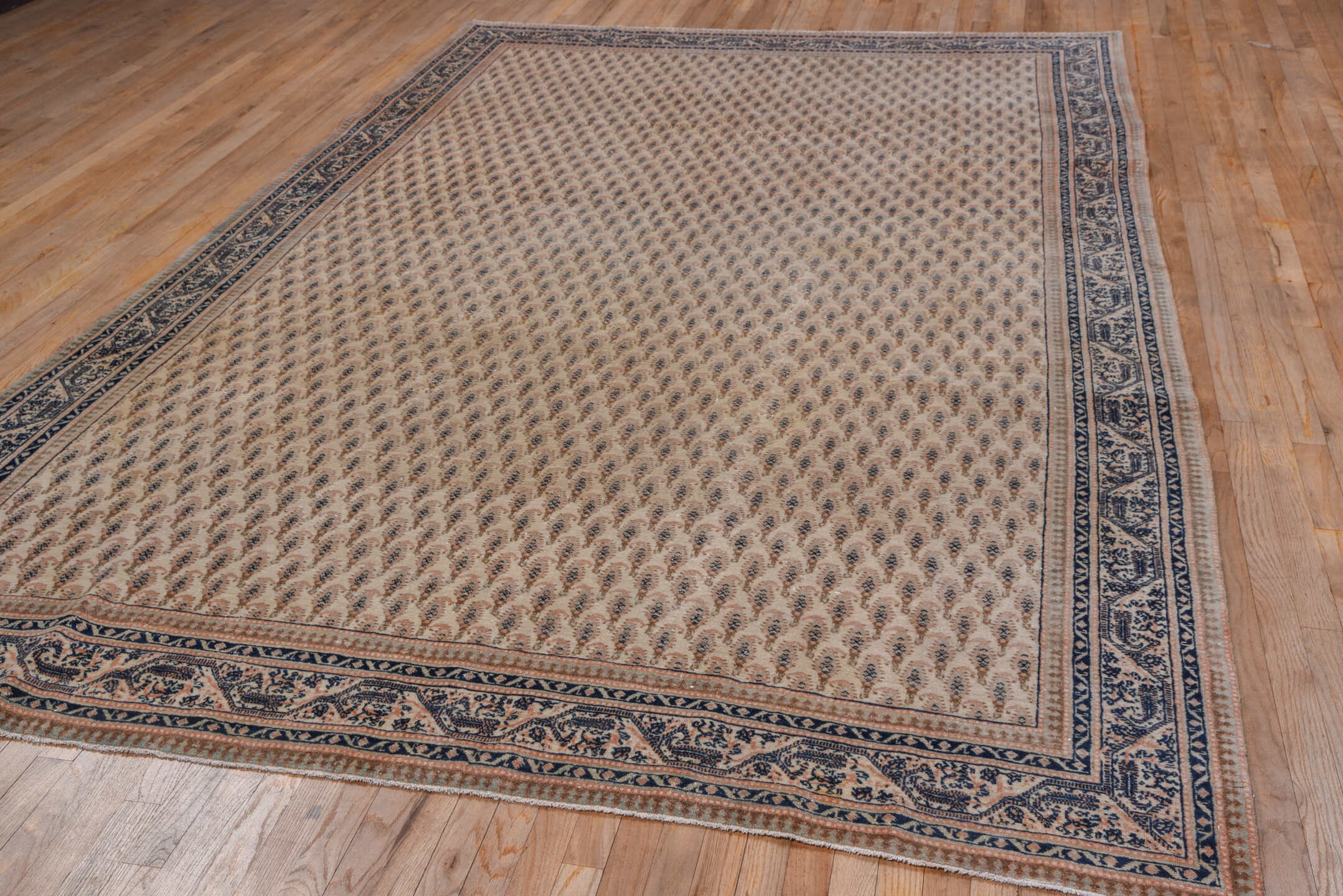 7' x 11' one-of-a-kind handmade antique Sivas large size rug. Color palette: ivory, blush, navy, taupe, rose, slate, pink