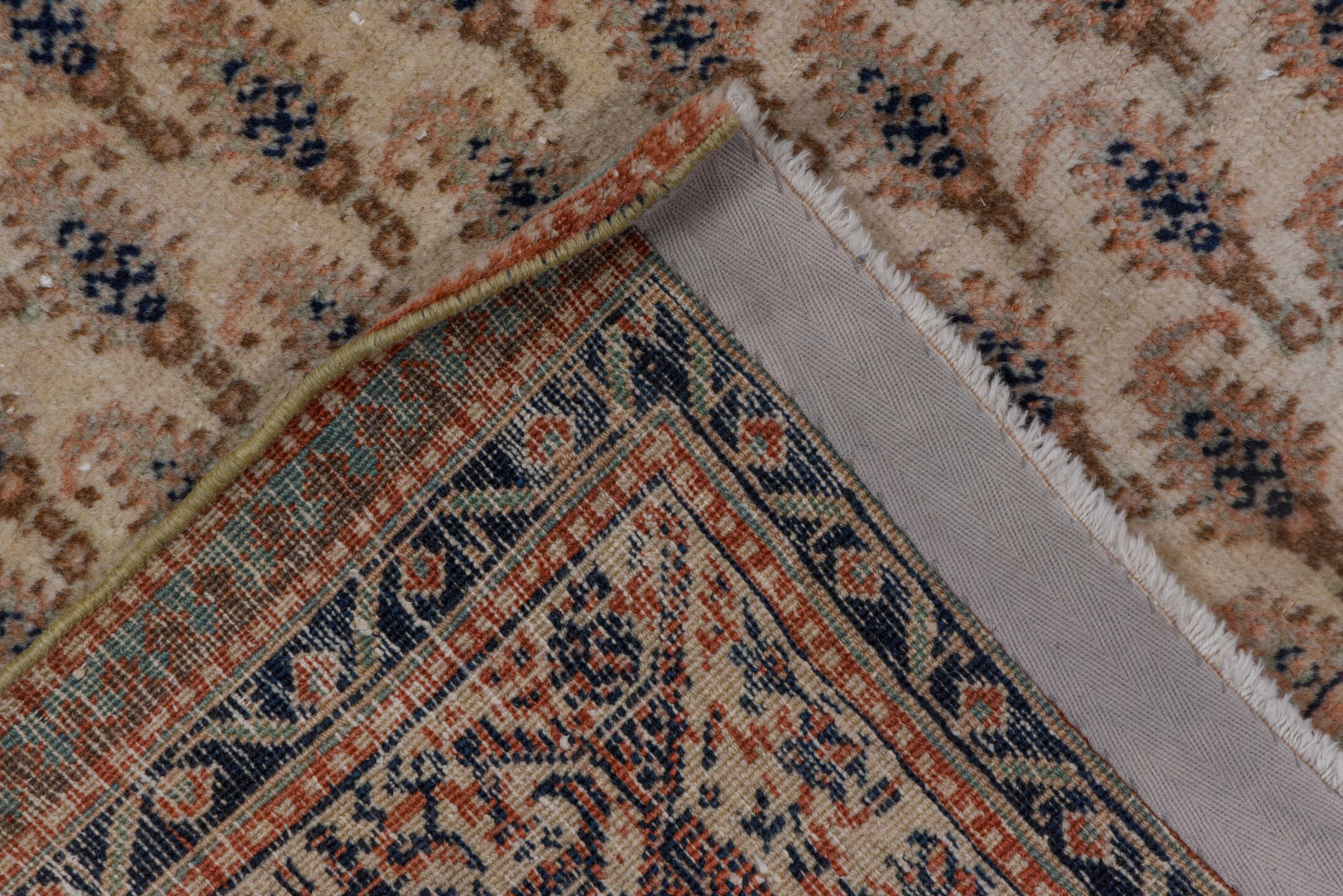 7' x 11' one-of-a-kind handmade antique Sivas large size rug. Color palette: ivory, blush, navy, taupe, rose, slate, pink
