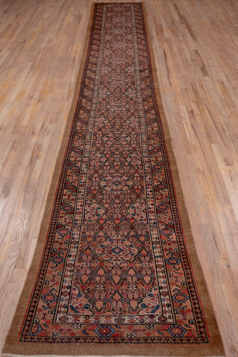 2' x 17' one-of-a-kind handmade vintage Cam Hamadan runner rug. Color palette: brown, dim gray, gray, off-white, pink, red