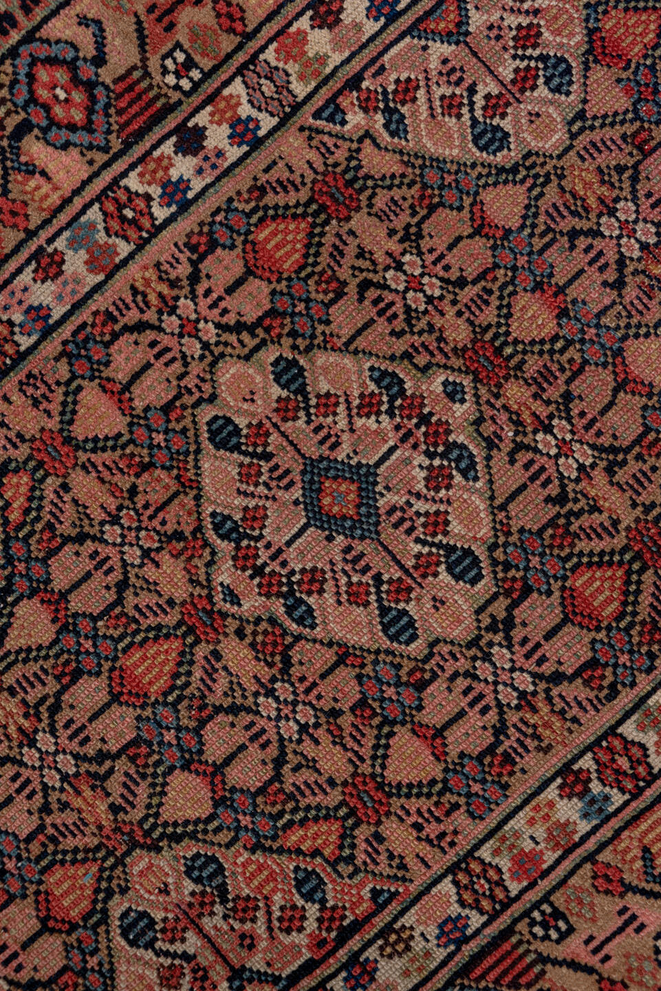 2' x 17' one-of-a-kind handmade antique Cam Hamadan runner rug. Color palette: rust, camel, ivory, indigo, navy, taupe