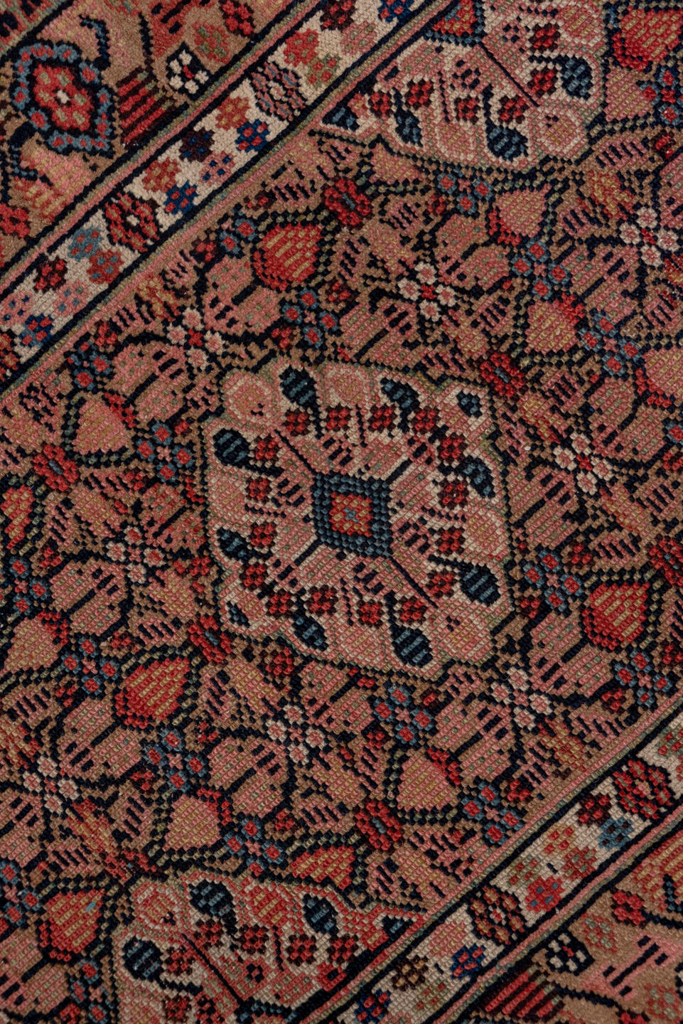 2' x 17' one-of-a-kind handmade antique Cam Hamadan runner rug. Color palette: rust, camel, ivory, indigo, navy, taupe