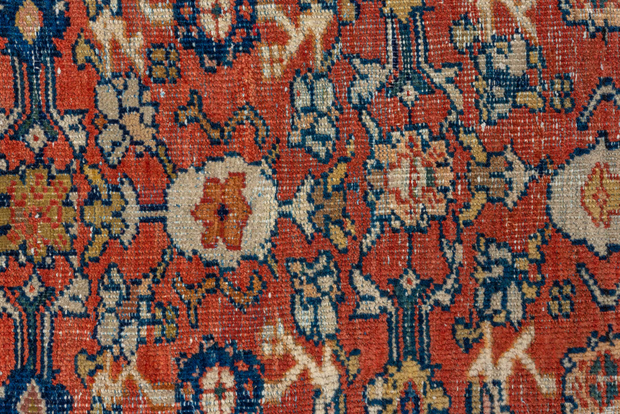 6' x 10' one-of-a-kind handmade antique Mahal large size rug. Color palette: terra cotta, ivory, navy, rust, camel, gold