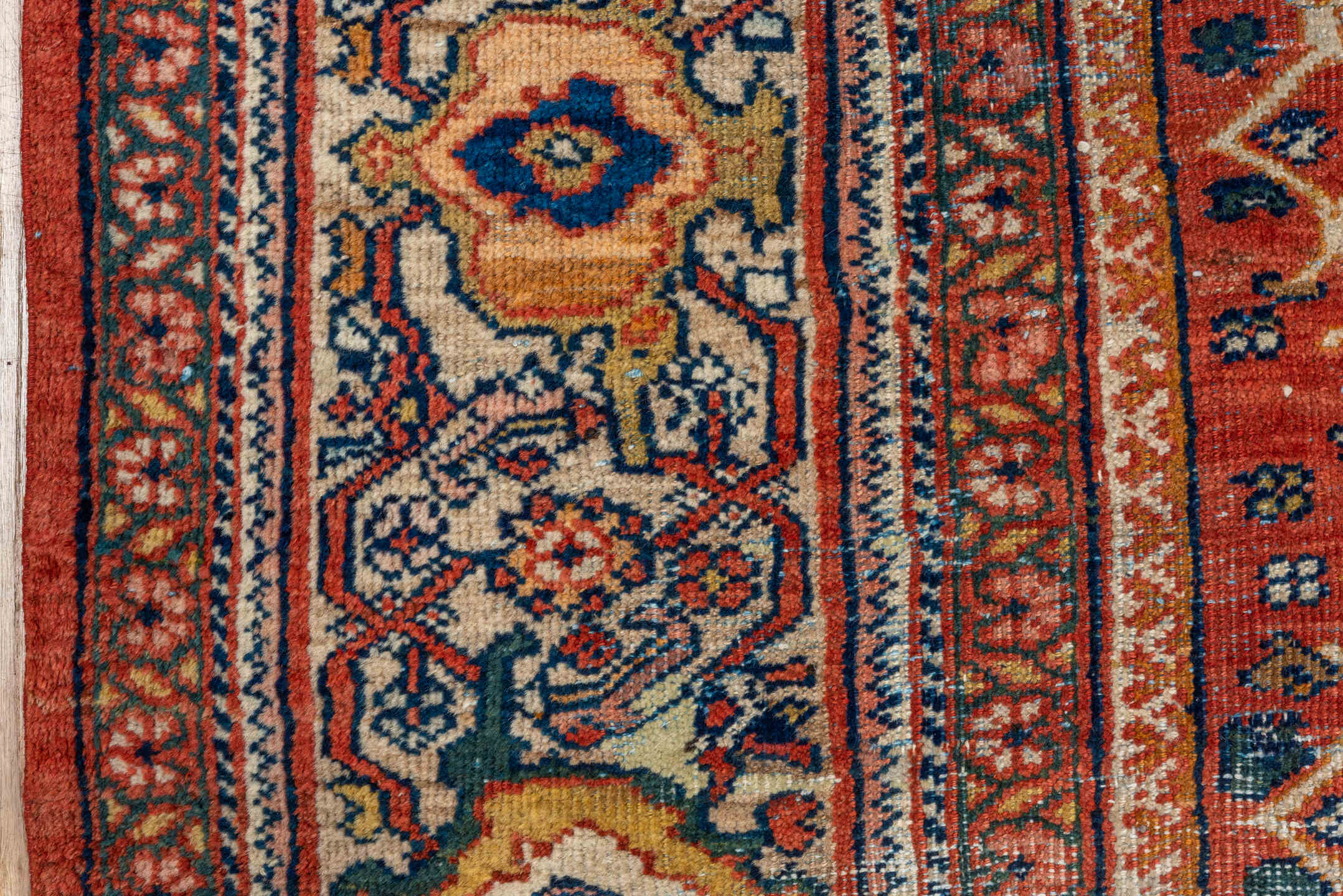 6' x 10' one-of-a-kind handmade antique Mahal large size rug. Color palette: terra cotta, ivory, navy, rust, camel, gold