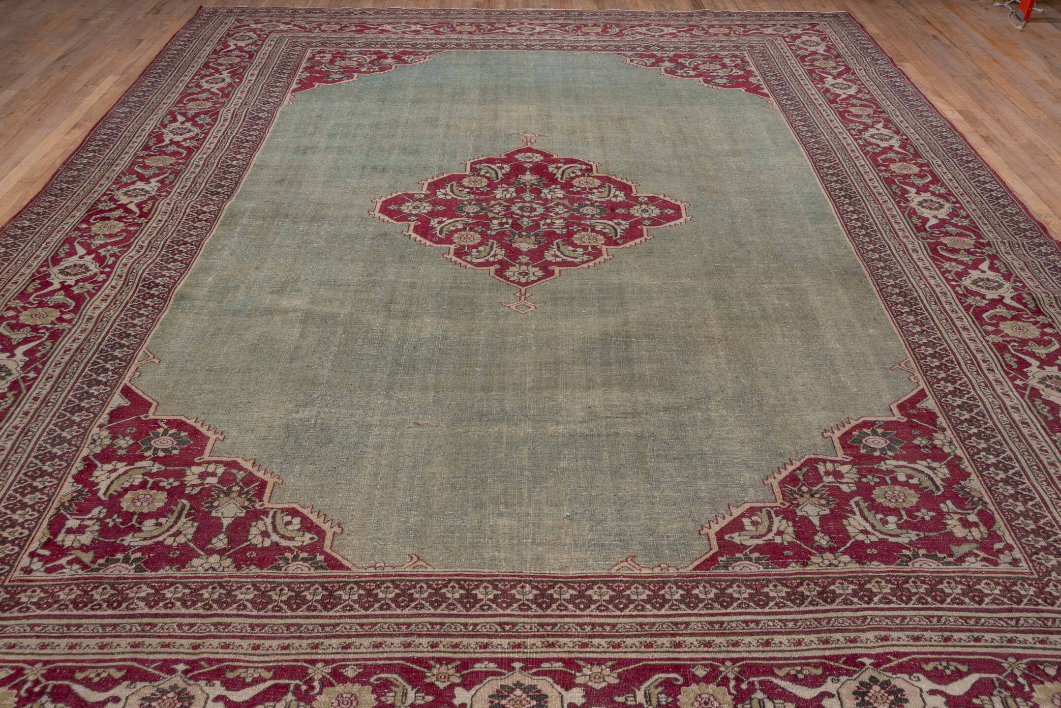 10' x 15' one-of-a-kind handmade antique Khorassan rug. Color palette: sage, crimson, ivory, rose, taupe, green, red, pink