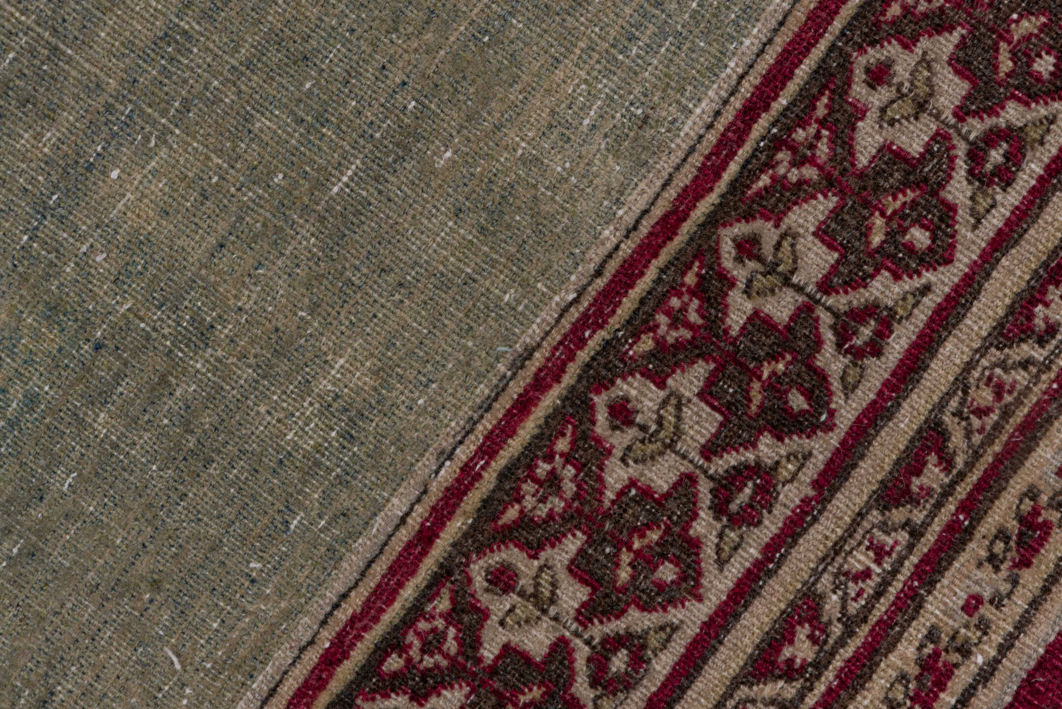 10' x 15' one-of-a-kind handmade antique Khorassan rug. Color palette: sage, crimson, ivory, rose, taupe, green, red, pink
