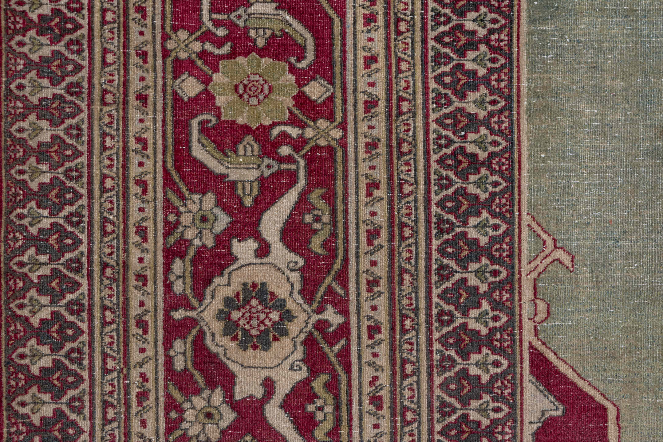 10' x 15' one-of-a-kind handmade antique Khorassan rug. Color palette: sage, crimson, ivory, rose, taupe, green, red, pink