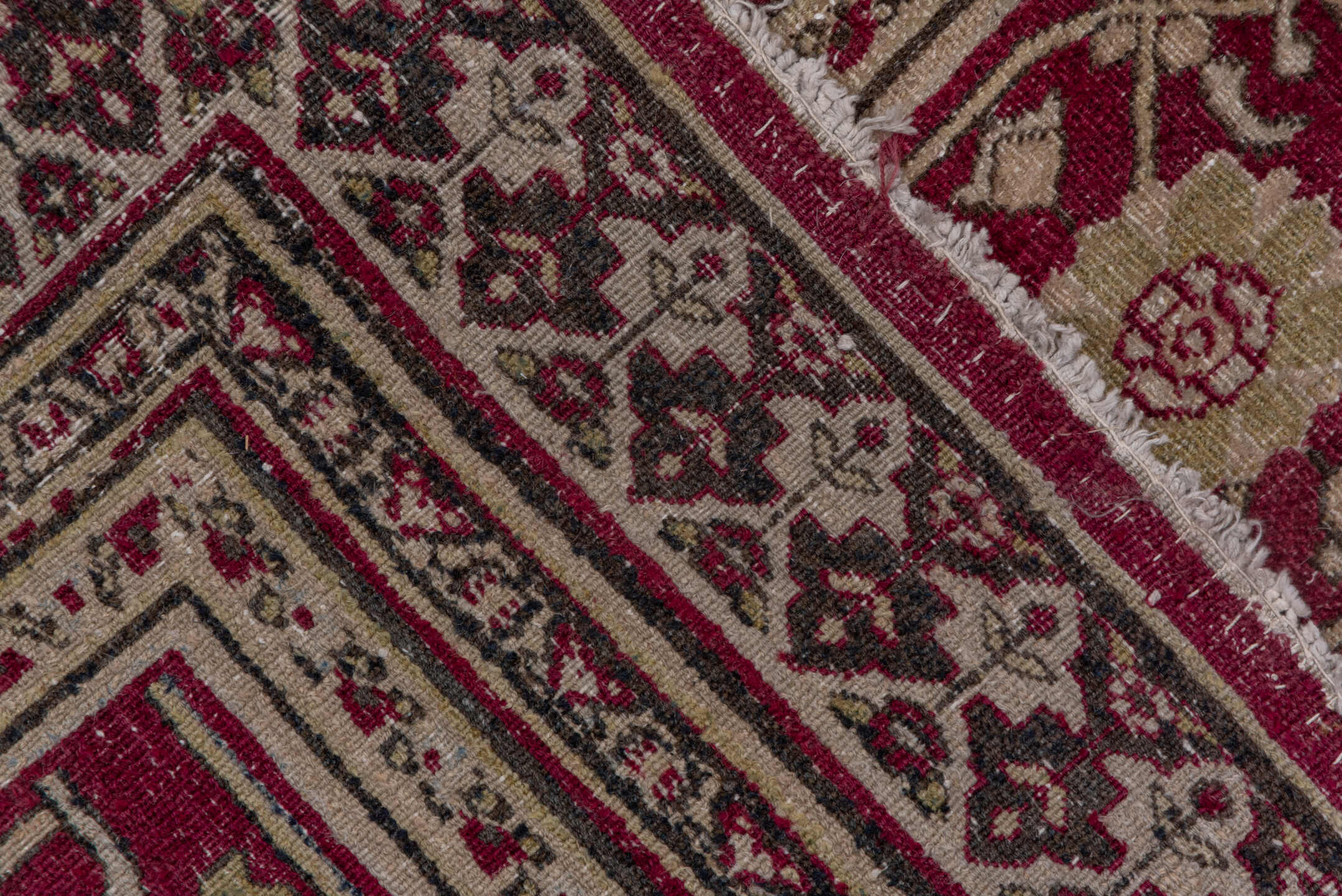 10' x 15' one-of-a-kind handmade antique Khorassan rug. Color palette: sage, crimson, ivory, rose, taupe, green, red, pink