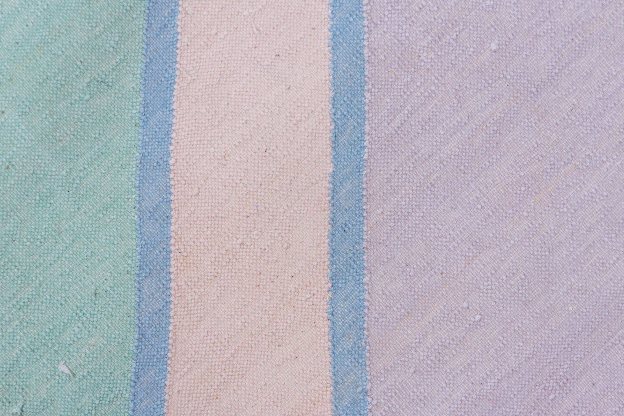 9' x 11' one-of-a-kind handmade vintage Dhurrie large size rug. Color palette: lavender, aqua, pale yellow, sky blue, blush