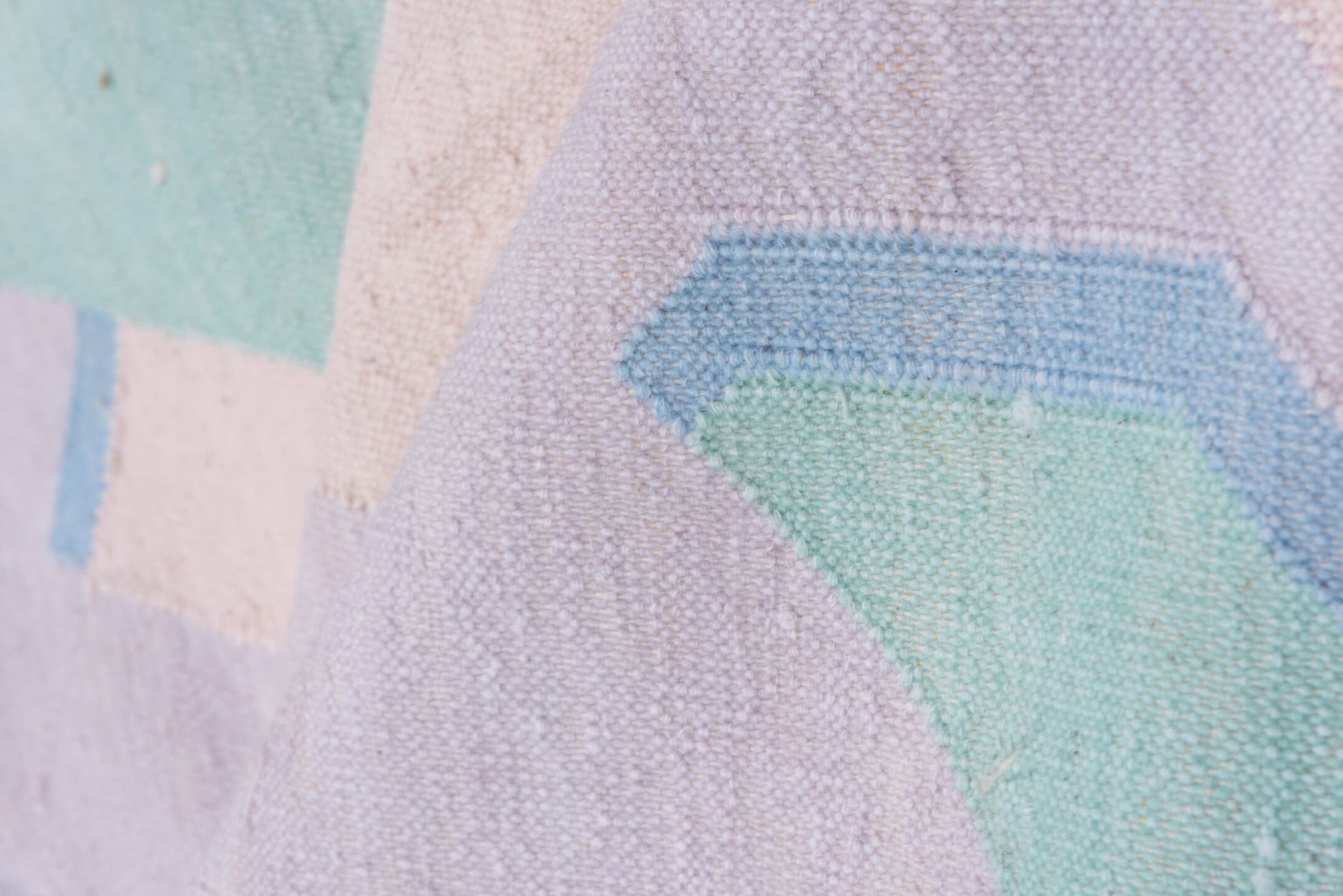 9' x 11' one-of-a-kind handmade vintage Dhurrie large size rug. Color palette: lavender, aqua, pale yellow, sky blue, blush