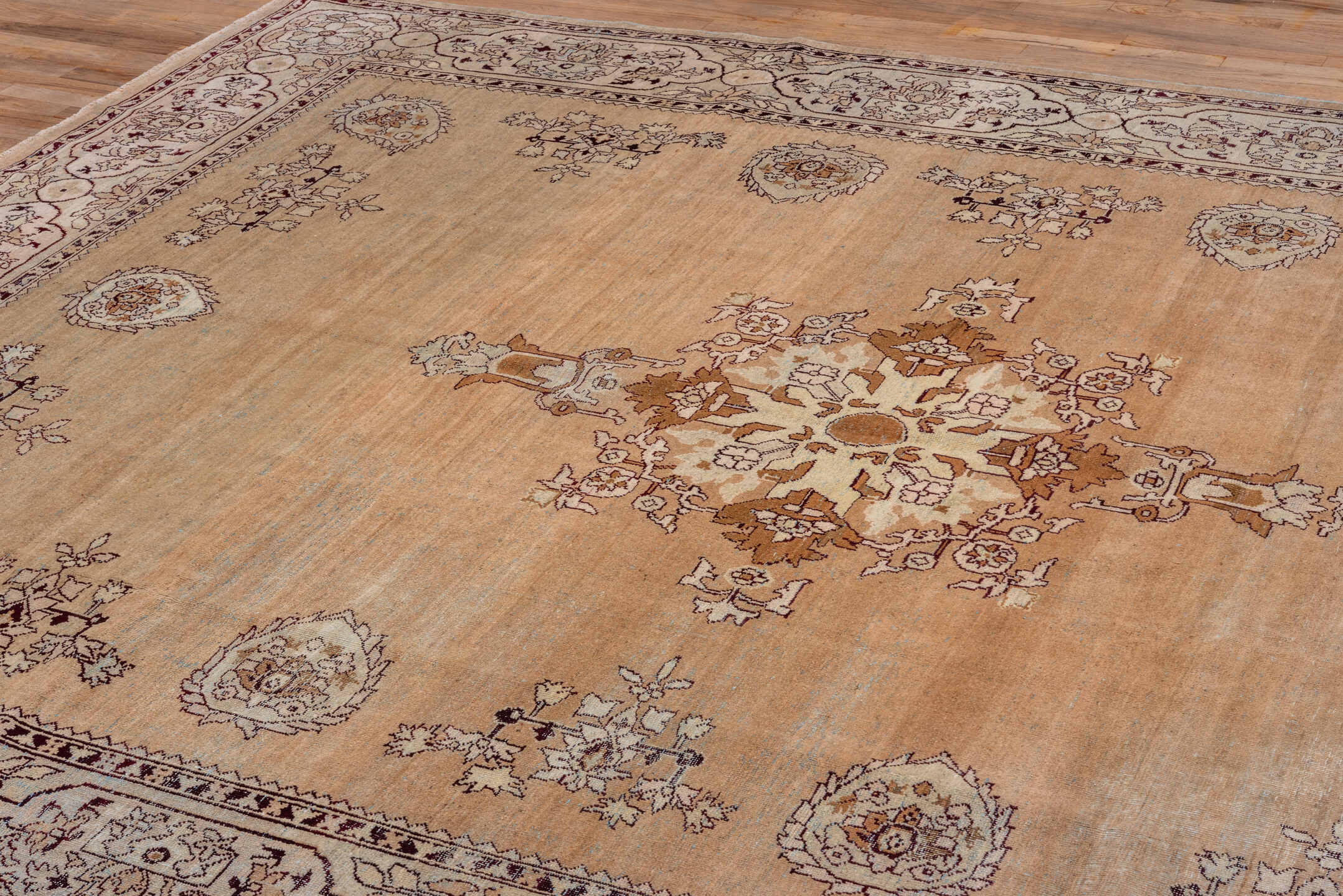 8' x 11' one-of-a-kind handmade antique Amritzar large size rug. Color palette: camel, ivory, taupe, brown, rust, burgundy