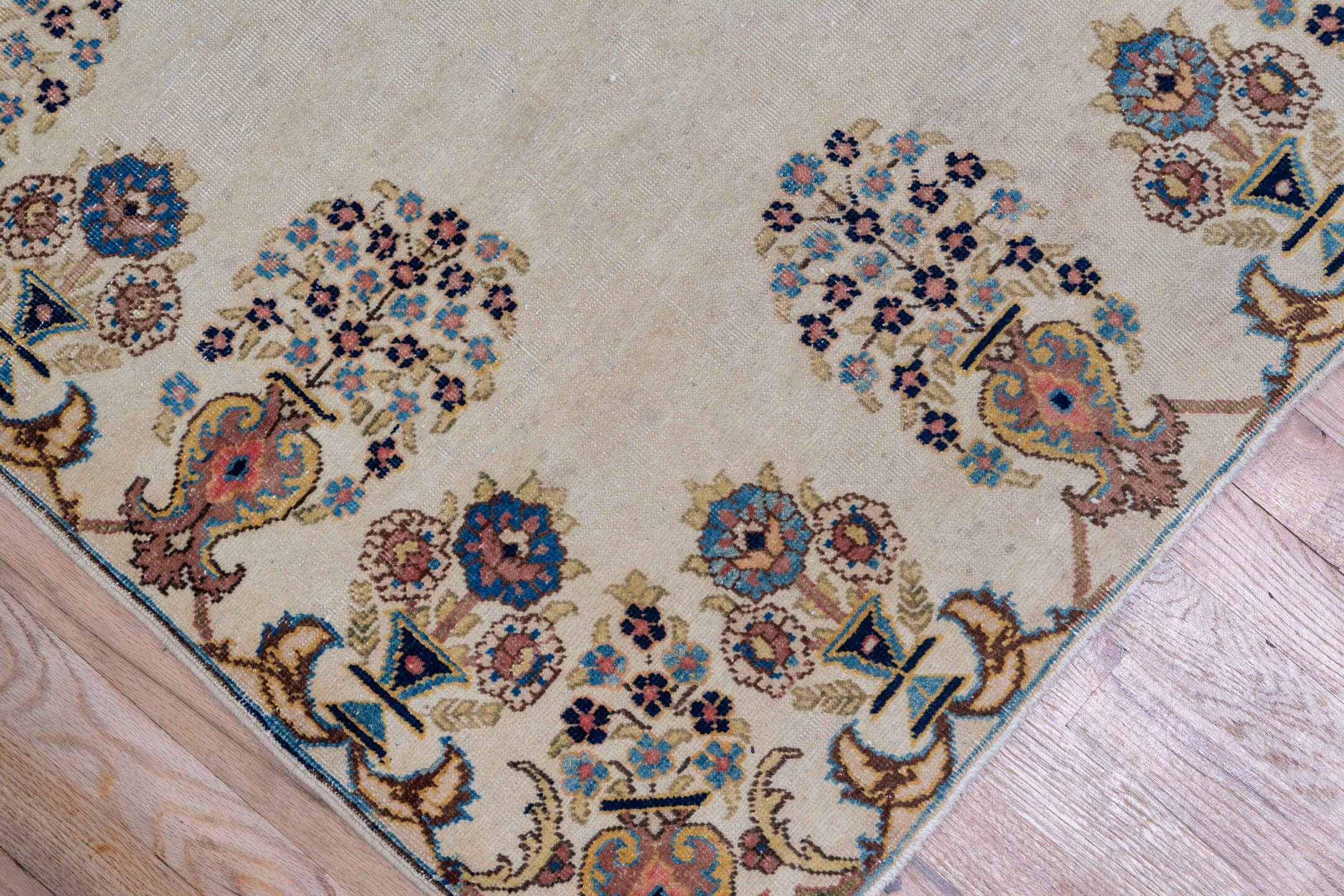 2' x 13' one-of-a-kind handmade antique Tabriz runner rug. Color palette: ivory, navy, taupe, rust, gold, camel, rose