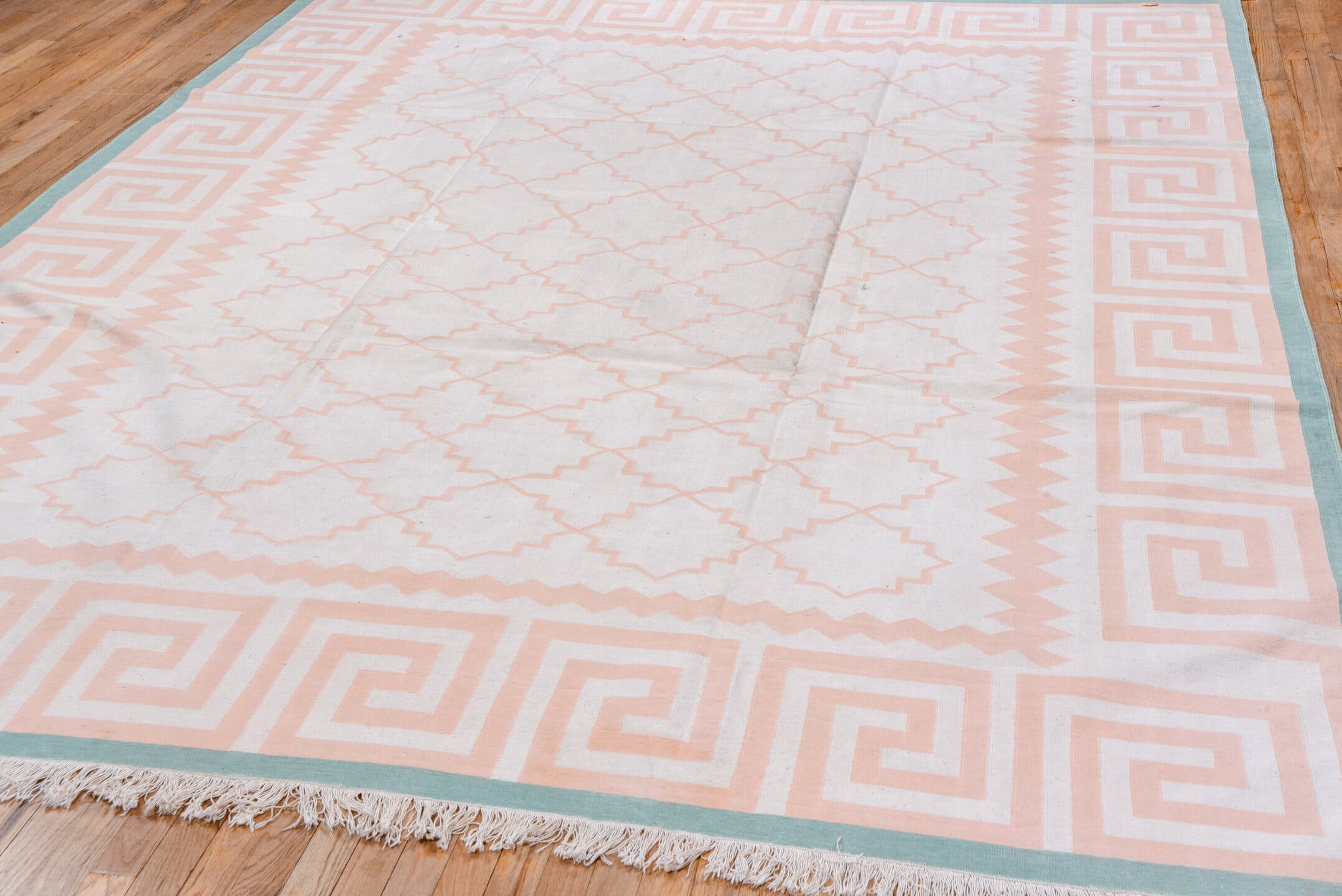 8' x 11' one-of-a-kind handmade vintage Dhurrie large size rug. Color palette: ivory, blush, aqua, pink, teal