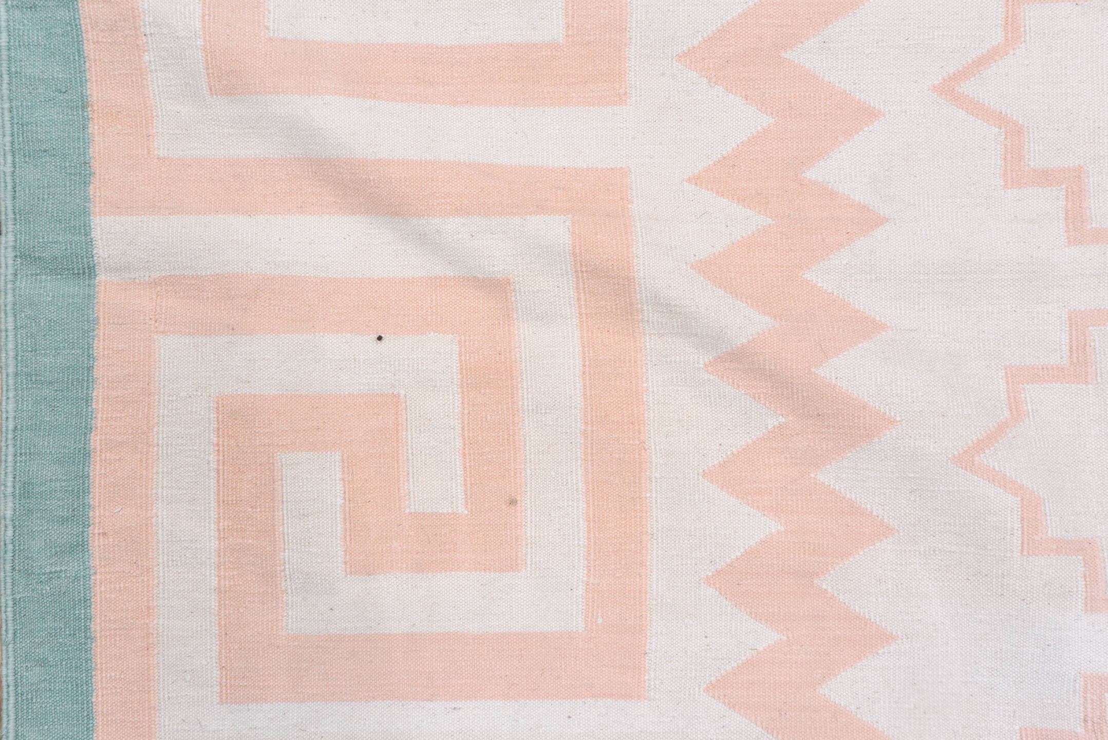 8' x 11' one-of-a-kind handmade vintage Dhurrie large size rug. Color palette: ivory, blush, aqua, pink, teal