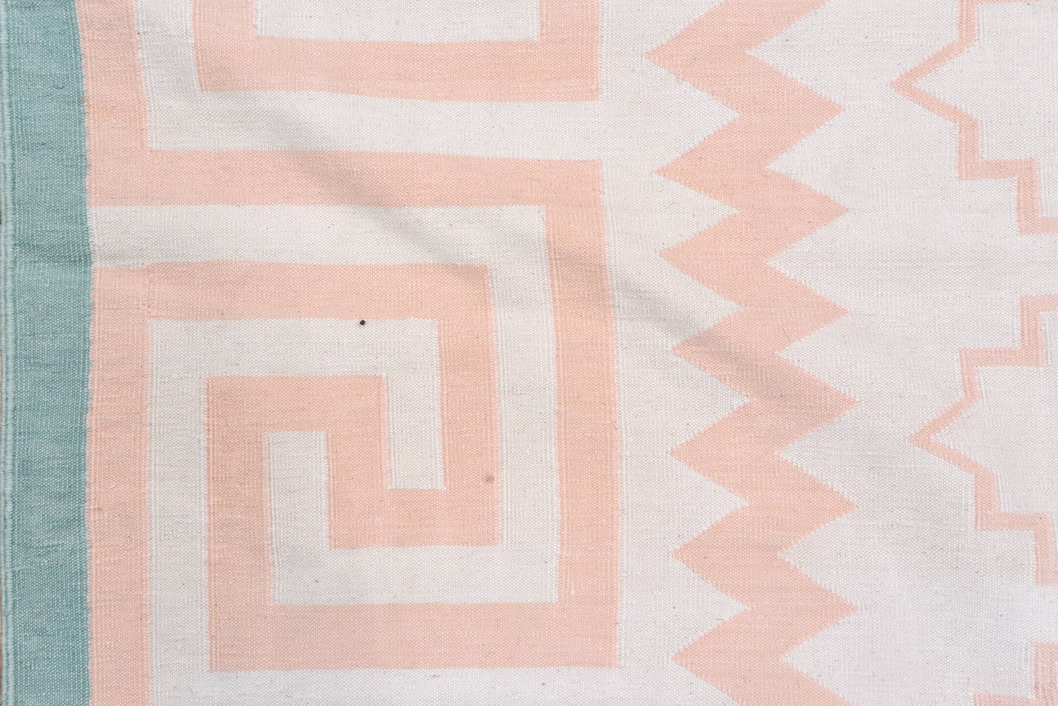8' x 11' one-of-a-kind handmade vintage Dhurrie large size rug. Color palette: ivory, blush, aqua, pink, teal