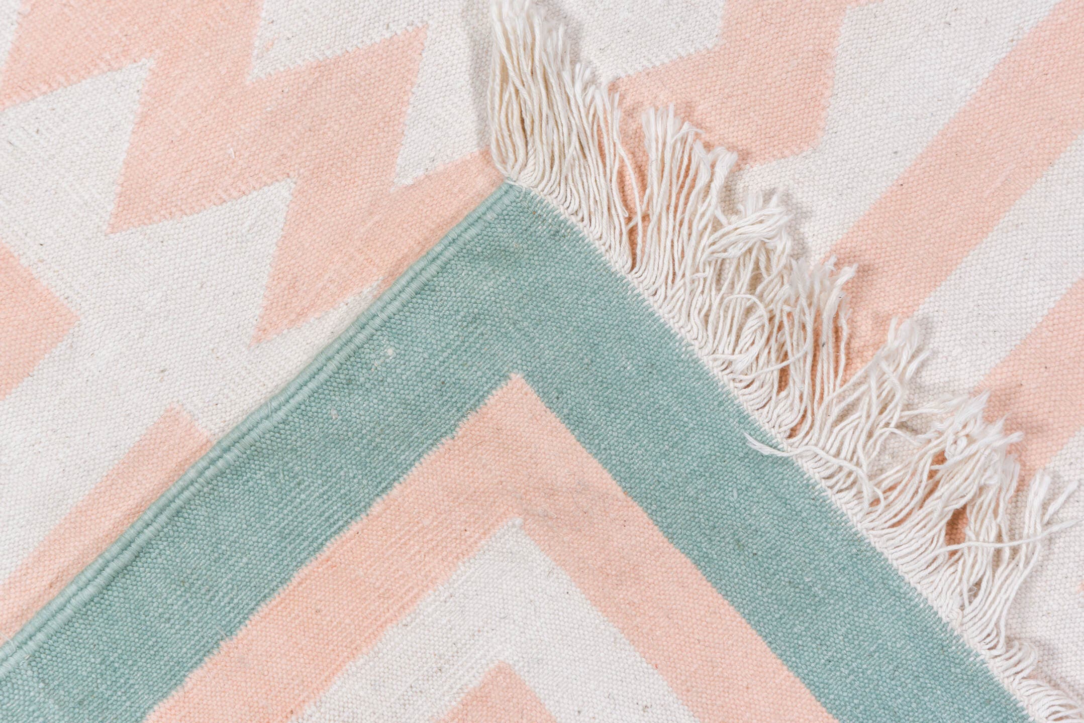 8' x 11' one-of-a-kind handmade vintage Dhurrie large size rug. Color palette: ivory, blush, aqua, pink, teal