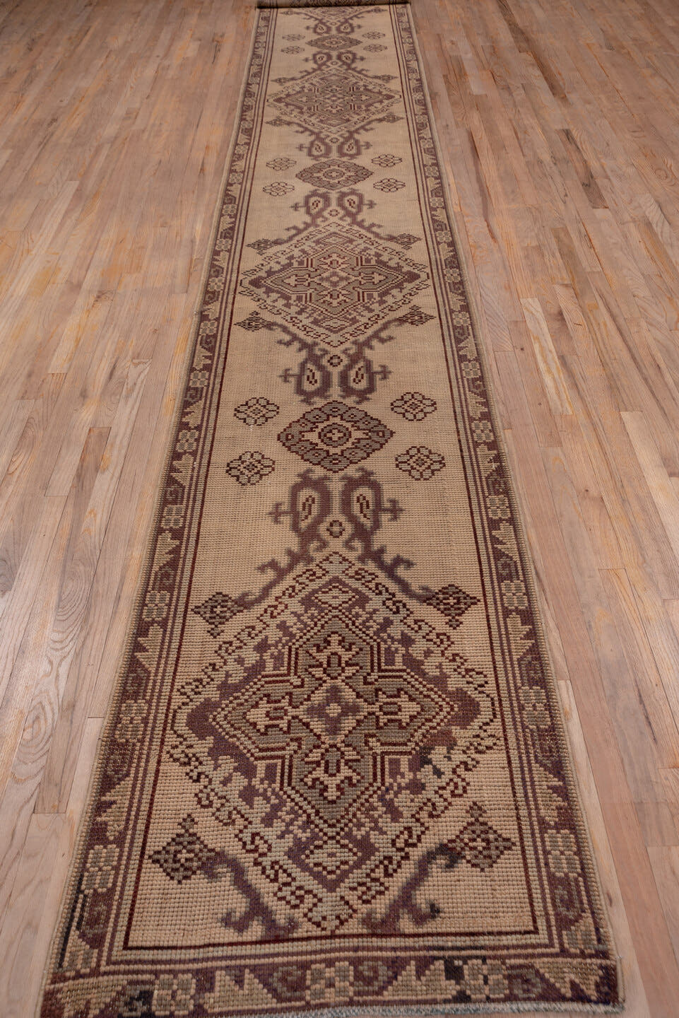 2' x 18' one-of-a-kind handmade antique Oushak runner rug. Color palette: taupe, brown, mauve, beige, gray, pink, purple