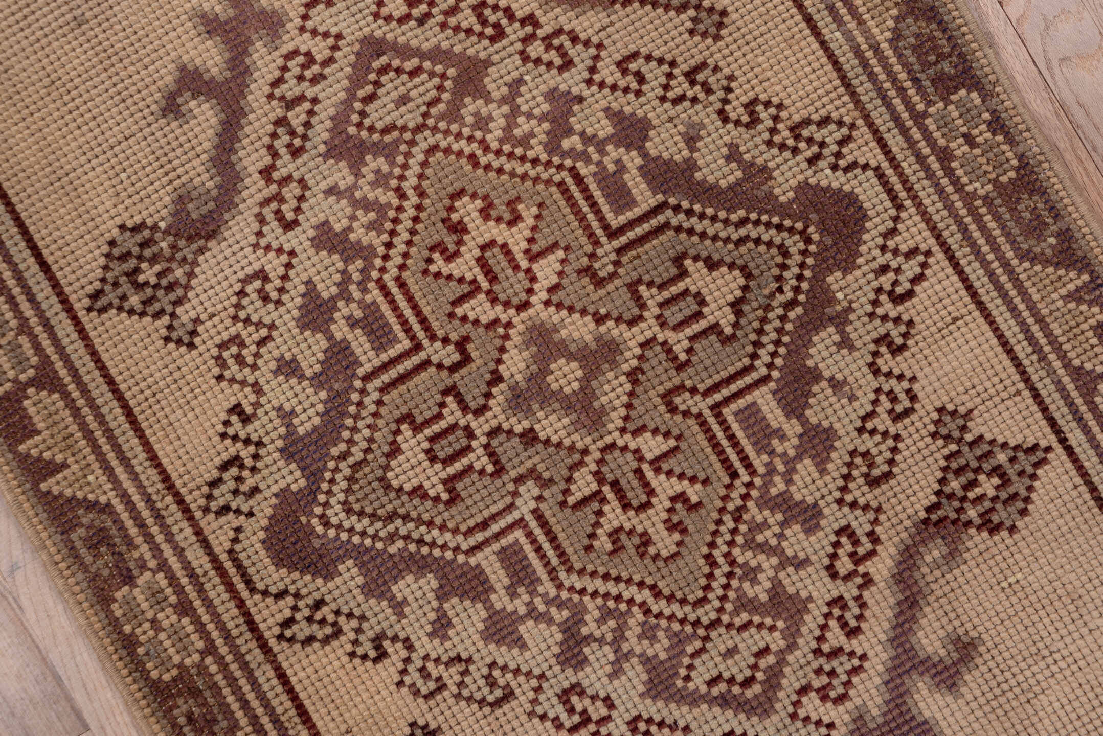 2' x 18' one-of-a-kind handmade antique Oushak runner rug. Color palette: taupe, brown, mauve, beige, gray, pink, purple