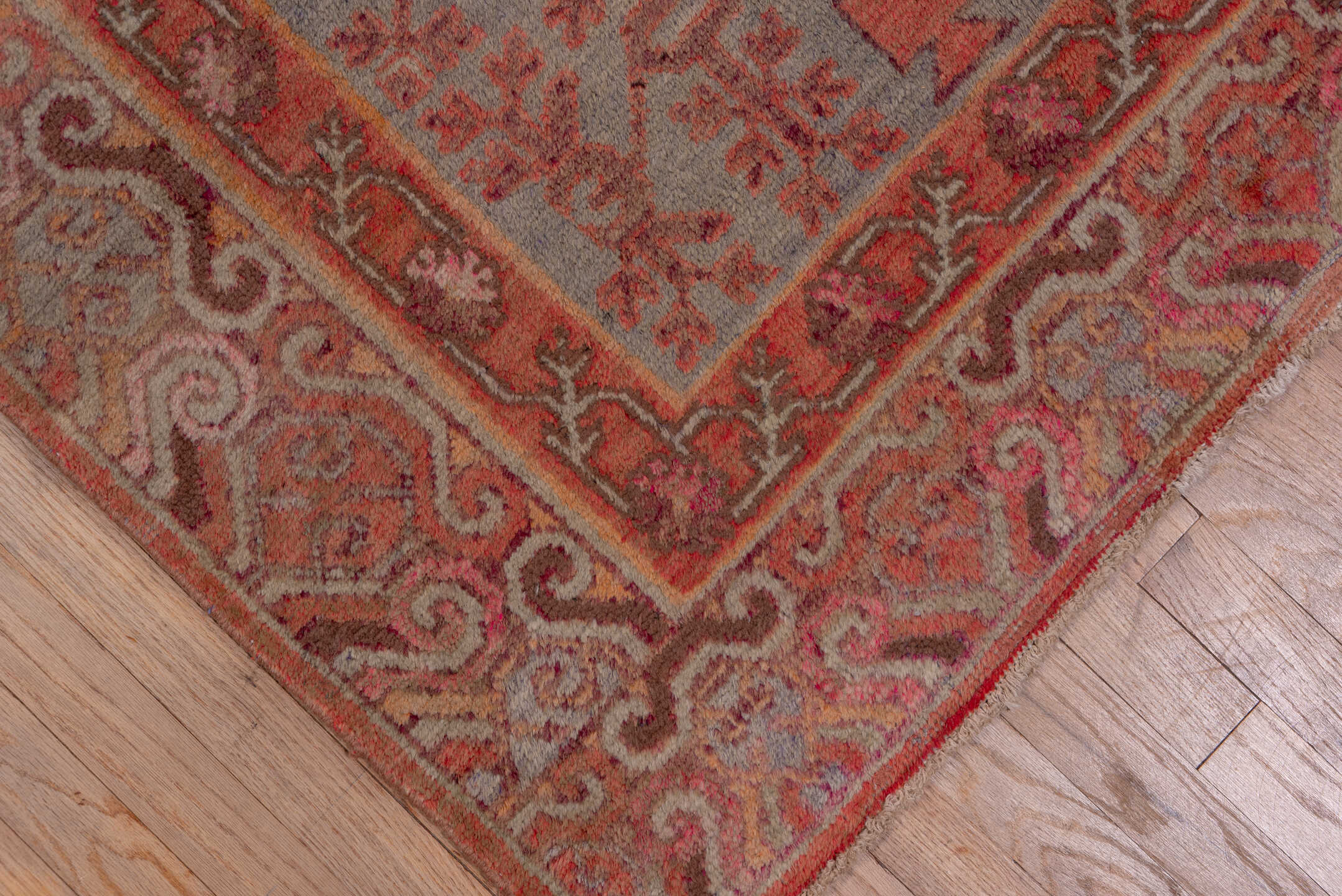 5' x 10' one-of-a-kind handmade vintage Khotan medium size rug. Color palette: rose, rust, taupe, terra cotta, dusty blue