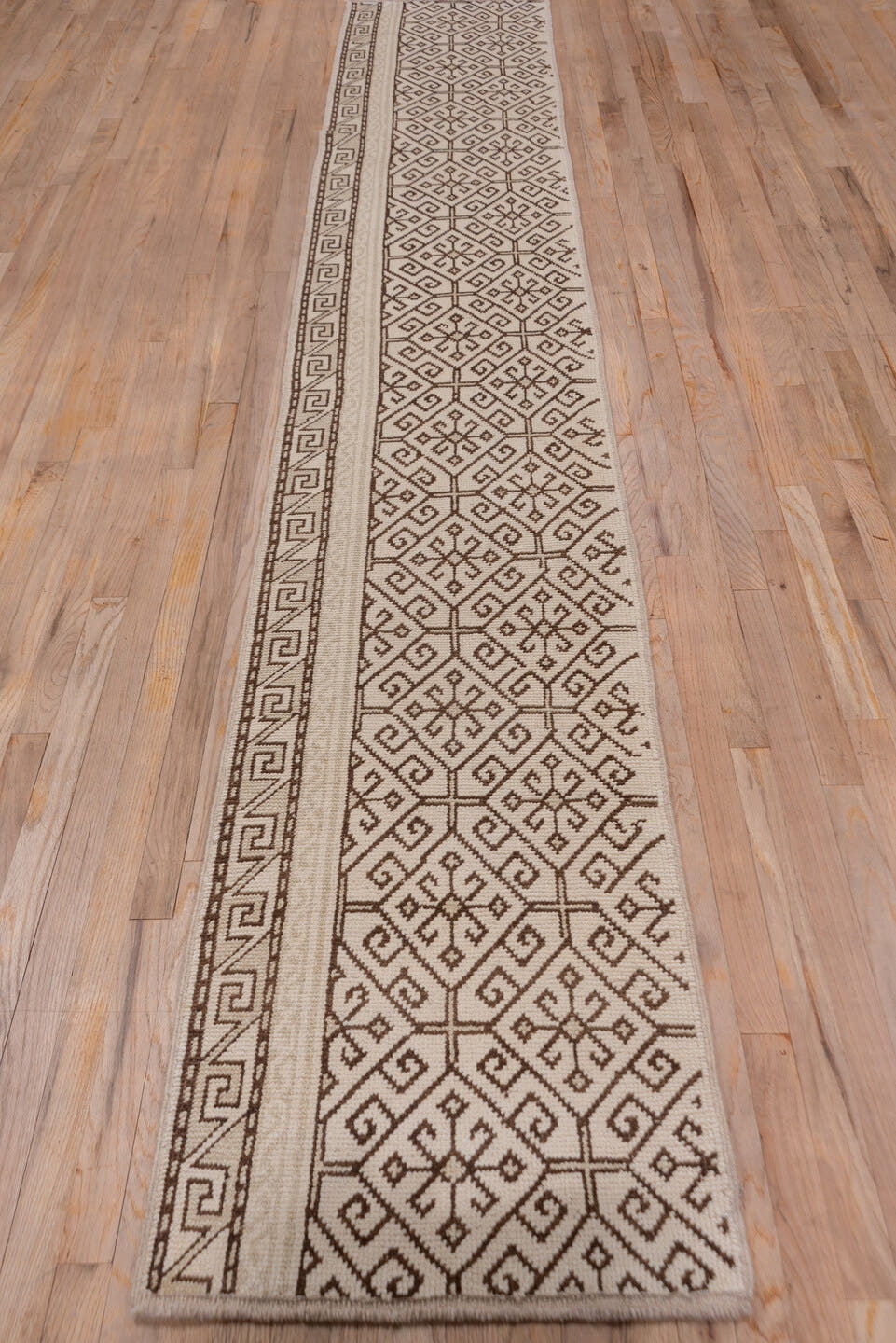 2' x 12' one-of-a-kind handmade vintage Konya runner rug. Color palette: ivory, brown, taupe, beige, gray