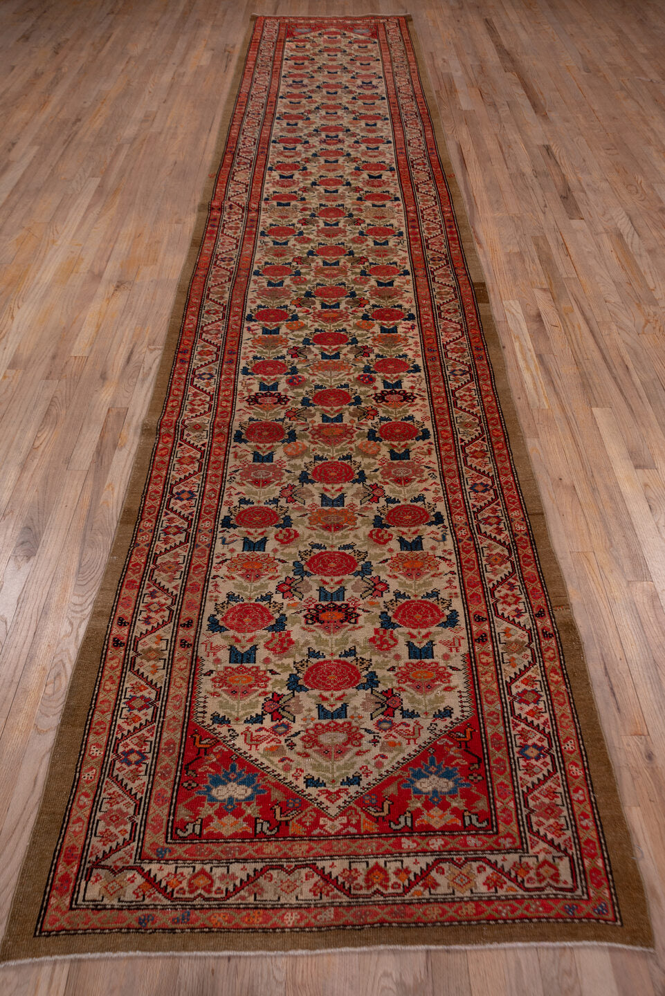 3' x 17' one-of-a-kind handmade vintage Malayer runner rug. Color palette: blue, brown, gray, pink, red