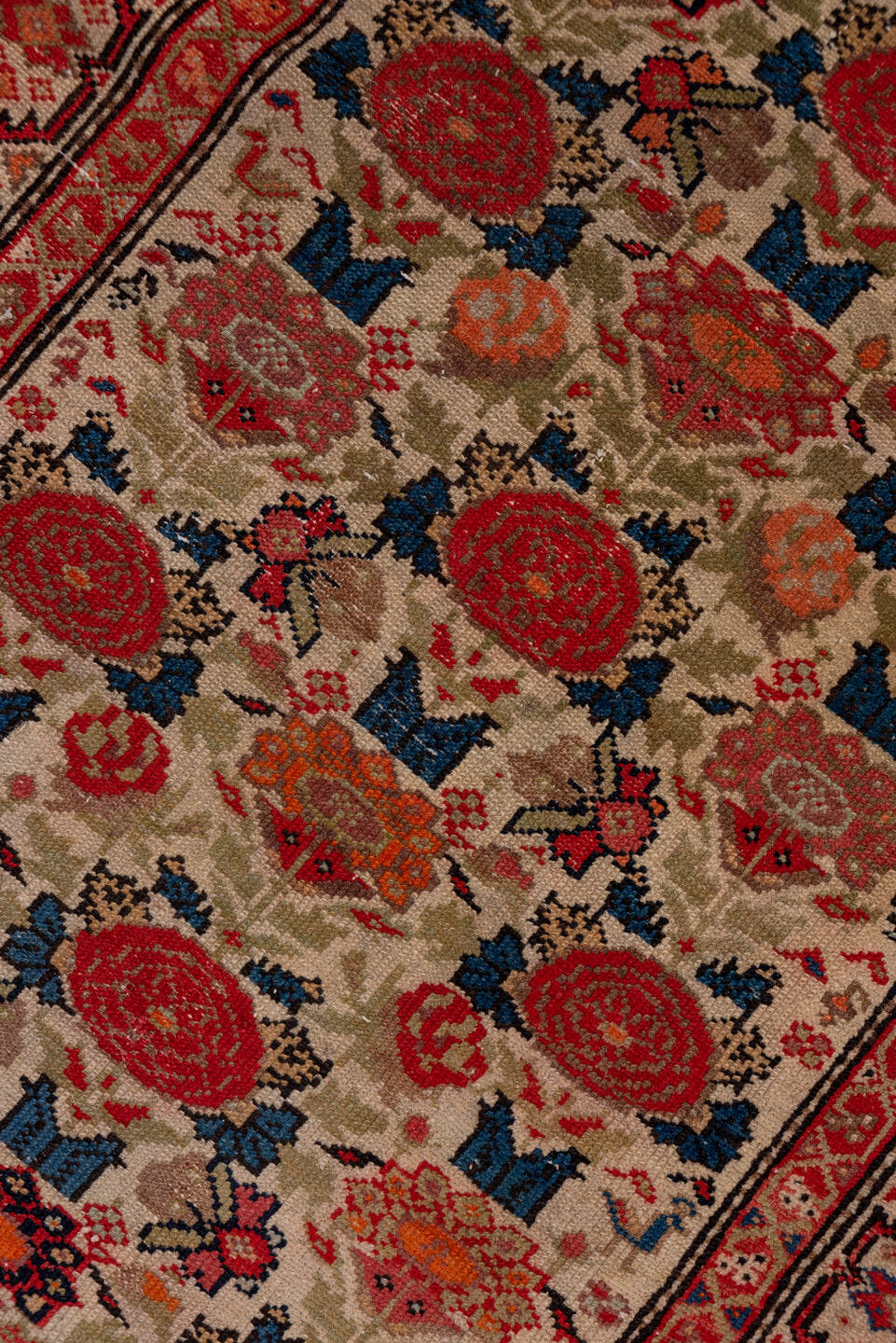 3' x 17' one-of-a-kind handmade antique Malayer runner rug. Color palette: ivory, rust, red, indigo, camel, blue, taupe