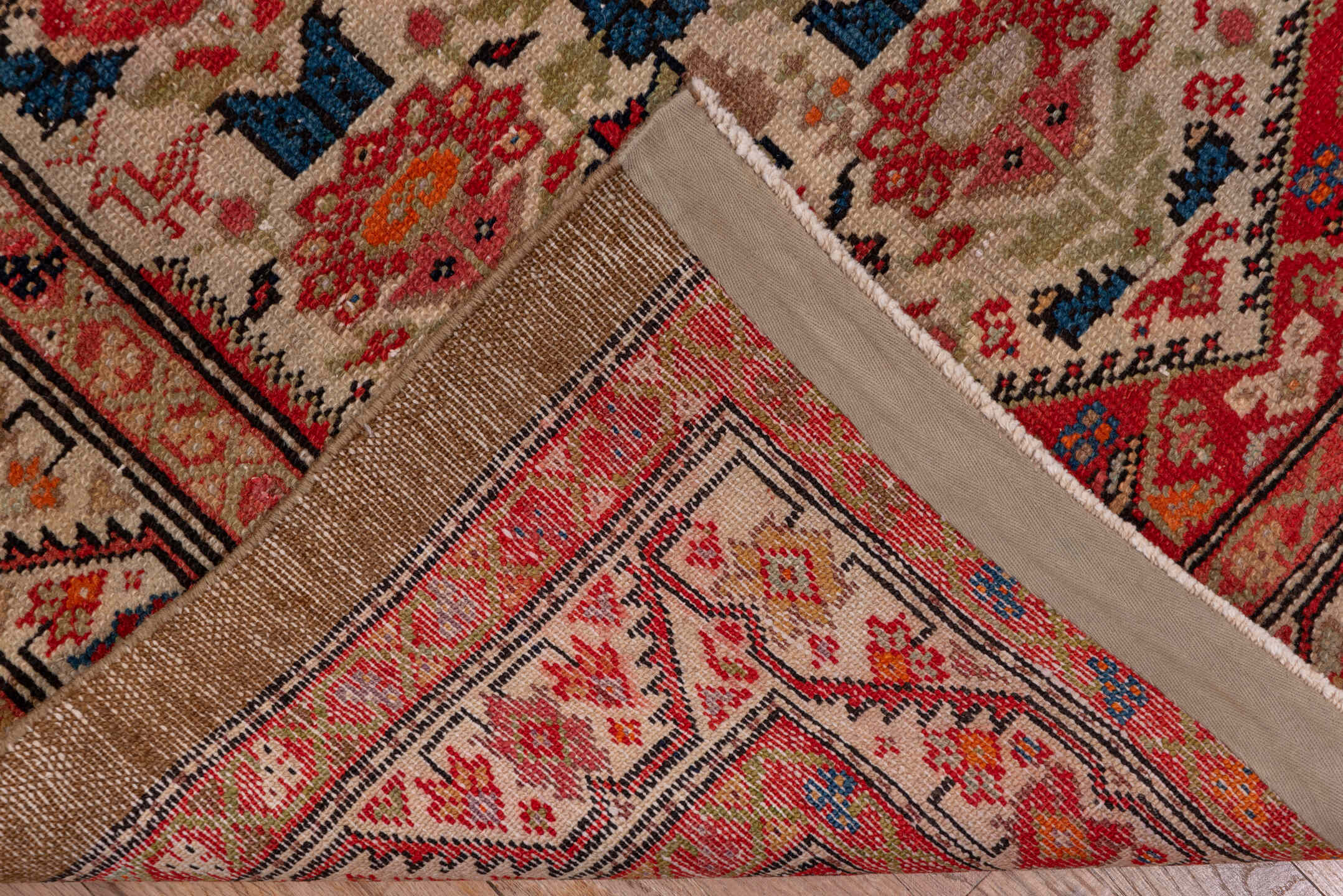 3' x 17' one-of-a-kind handmade vintage Malayer runner rug. Color palette: blue, brown, gray, pink, red
